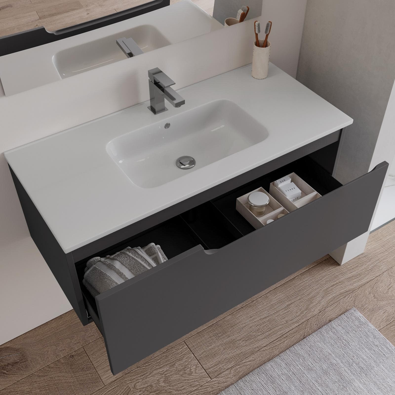 Mobile bagno sospeso 100 cm antracite con lavabo e specchio - Agave
