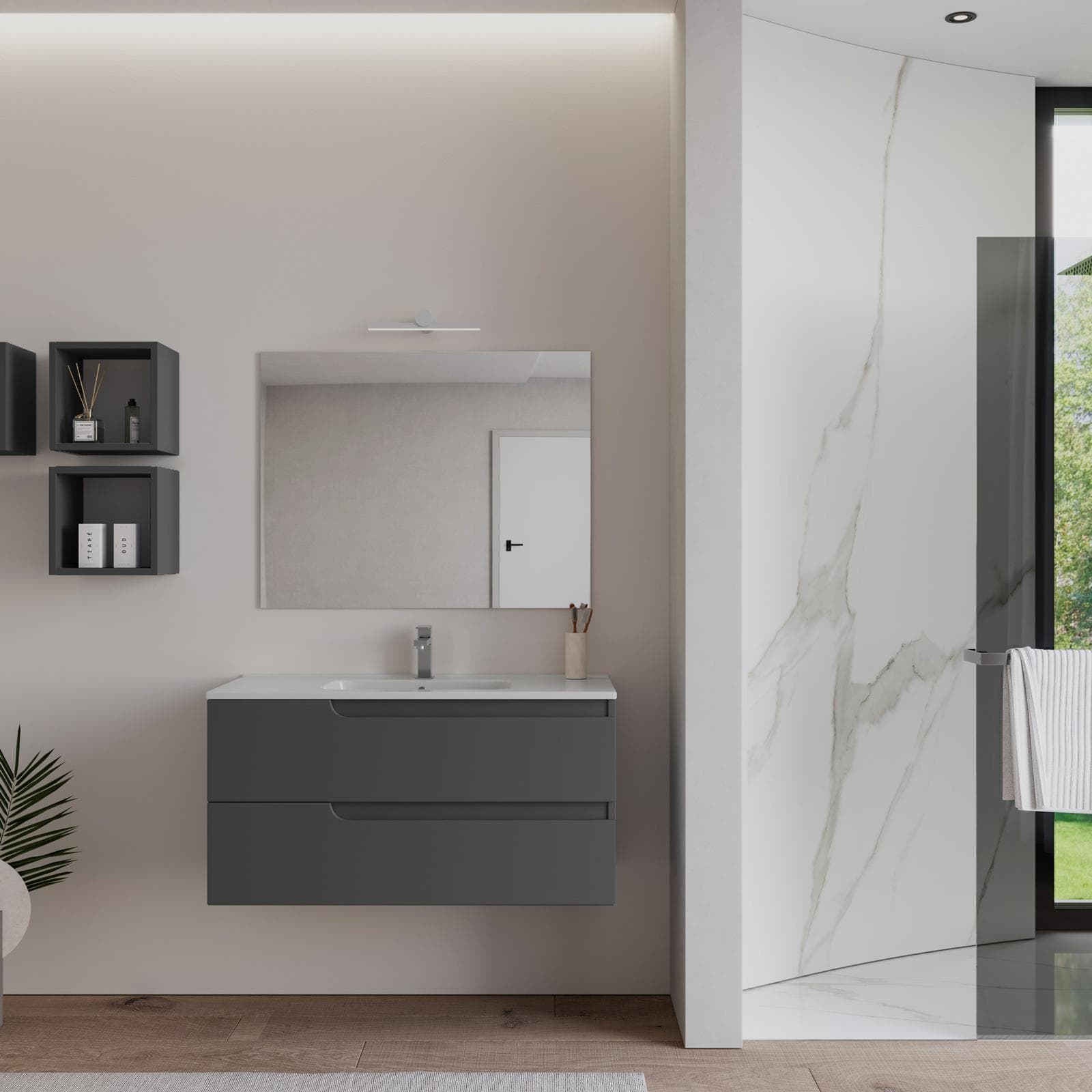 Mobile bagno sospeso 100 cm antracite con lavabo e specchio - Agave Plus