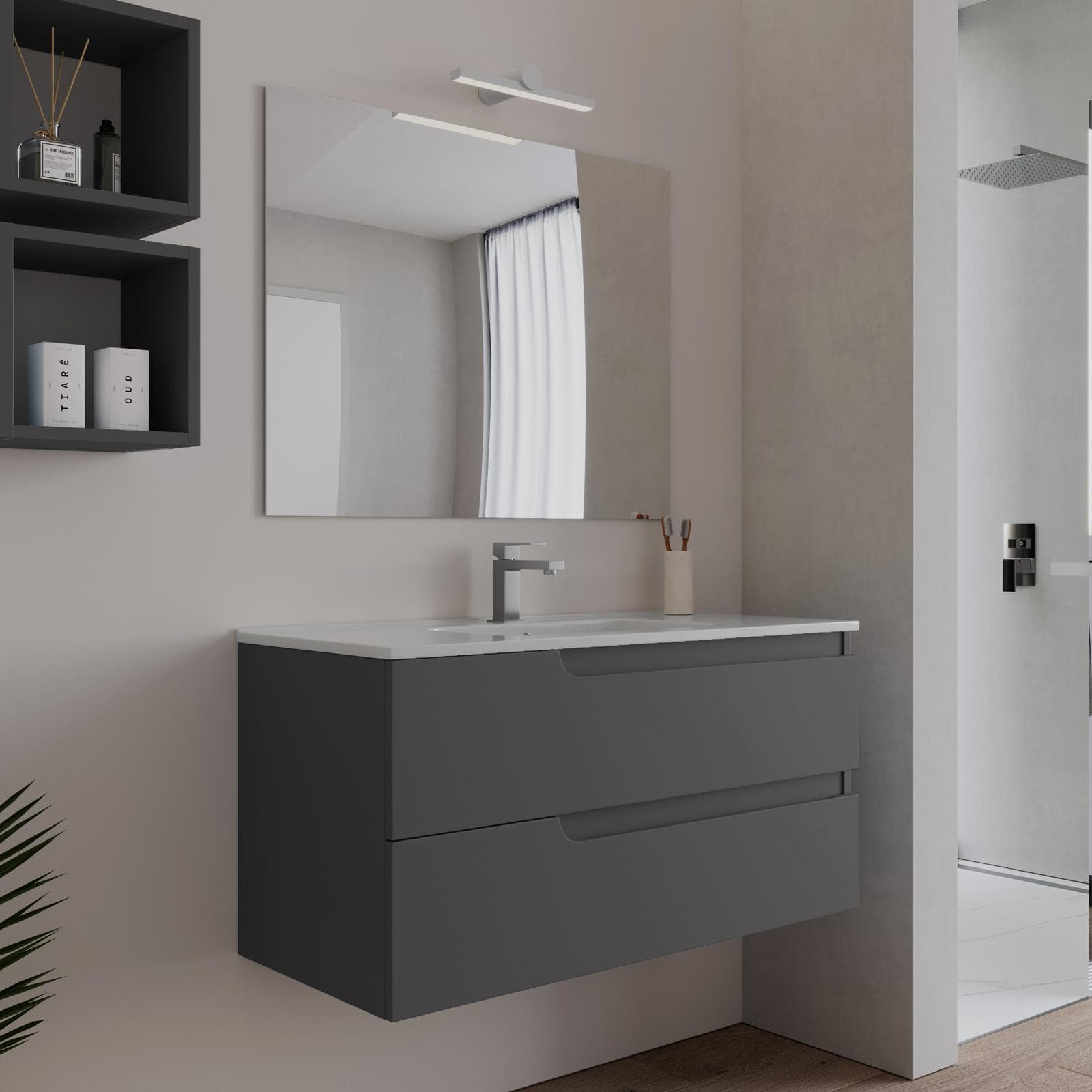 Mobile bagno sospeso 100 cm antracite con lavabo e specchio - Agave Plus