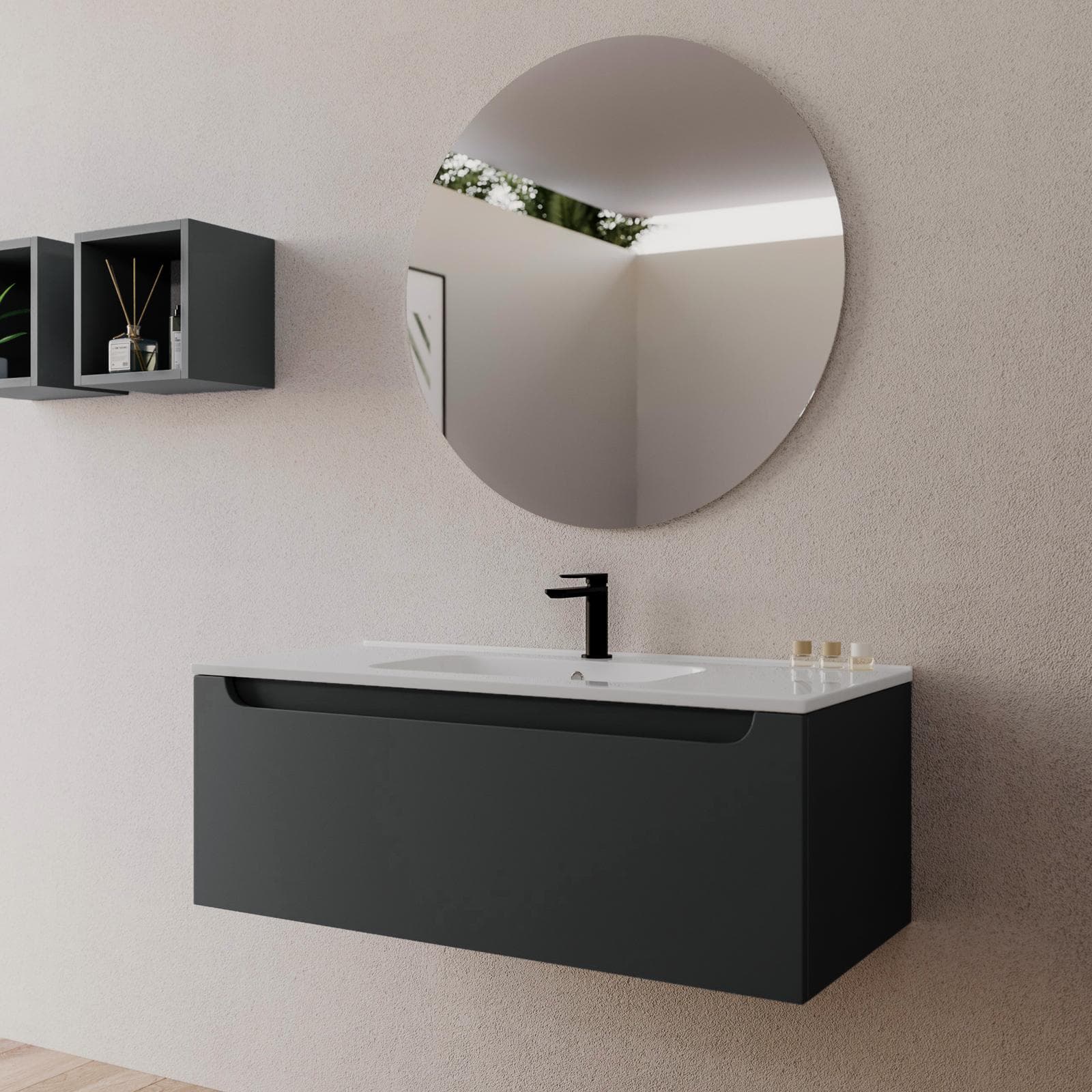 Mobile bagno sospeso 100 cm antracite con lavabo integrato e specchio - Sleek