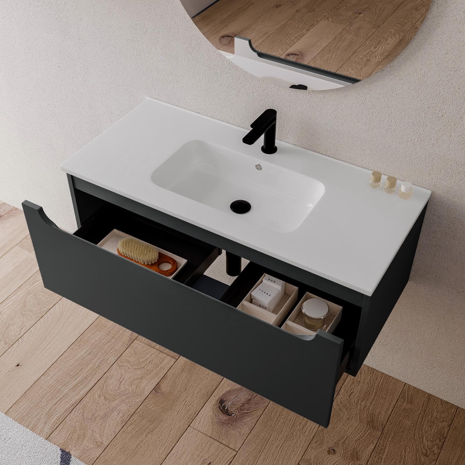 Mobile bagno sospeso 100 cm antracite con lavabo integrato e specchio - Sleek