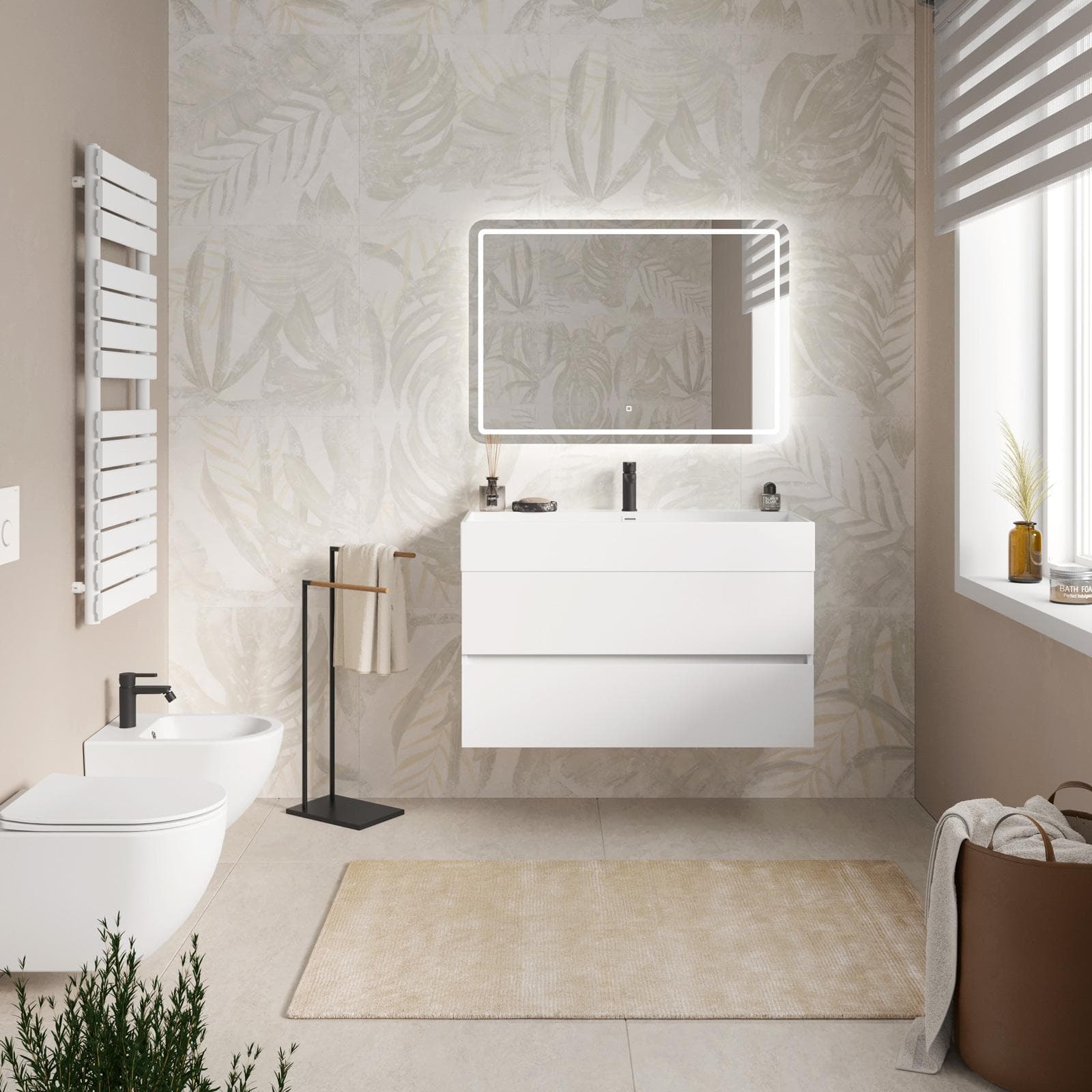 Mobile bagno sospeso 100 cm bianco opaco a due cassetti con lavabo integrato e specchio - Cuki