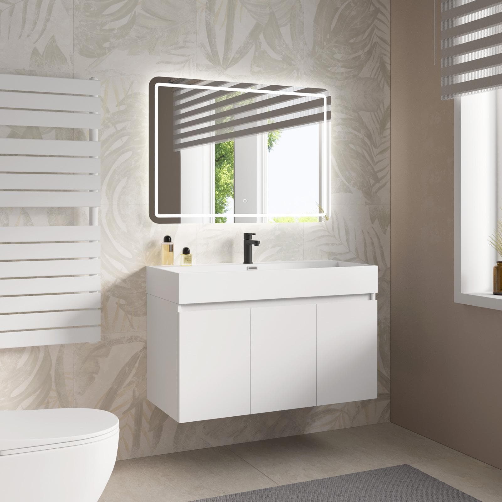 Mobile bagno sospeso 100 cm bianco opaco a tre ante con lavabo integrato e specchio - Cuki
