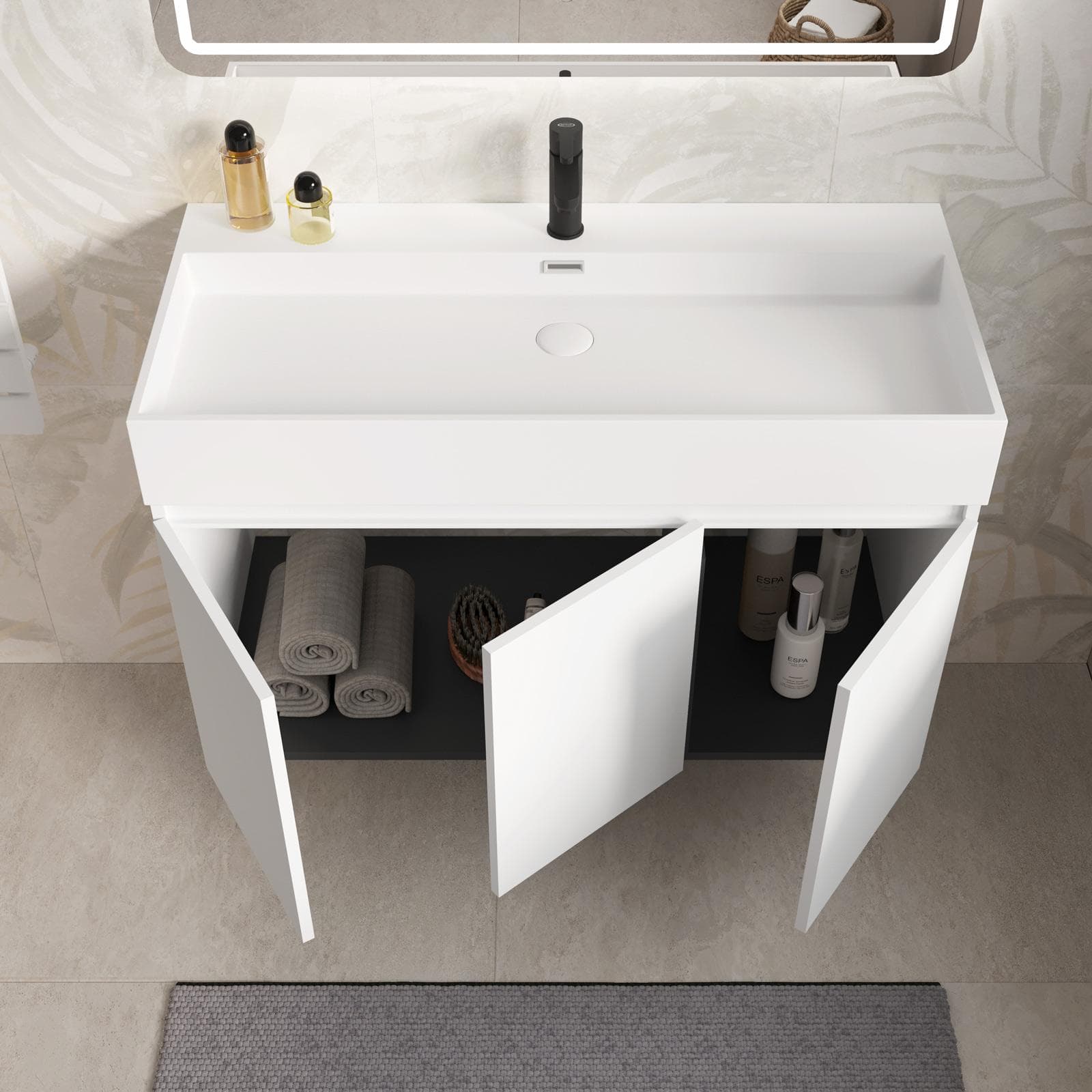 Mobile bagno sospeso 100 cm bianco opaco a tre ante con lavabo integrato e specchio - Cuki