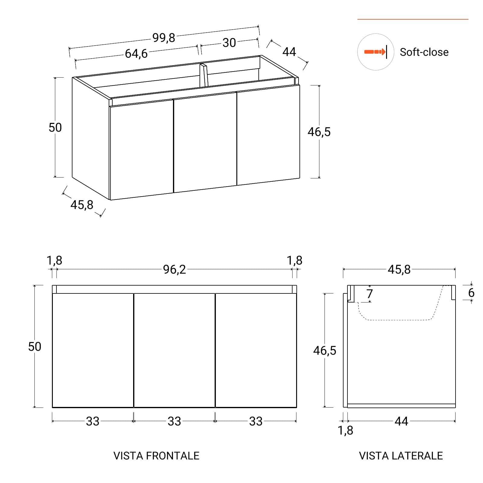 Mobile bagno sospeso 100 cm bianco opaco a tre ante con lavabo integrato e specchio - Cuki