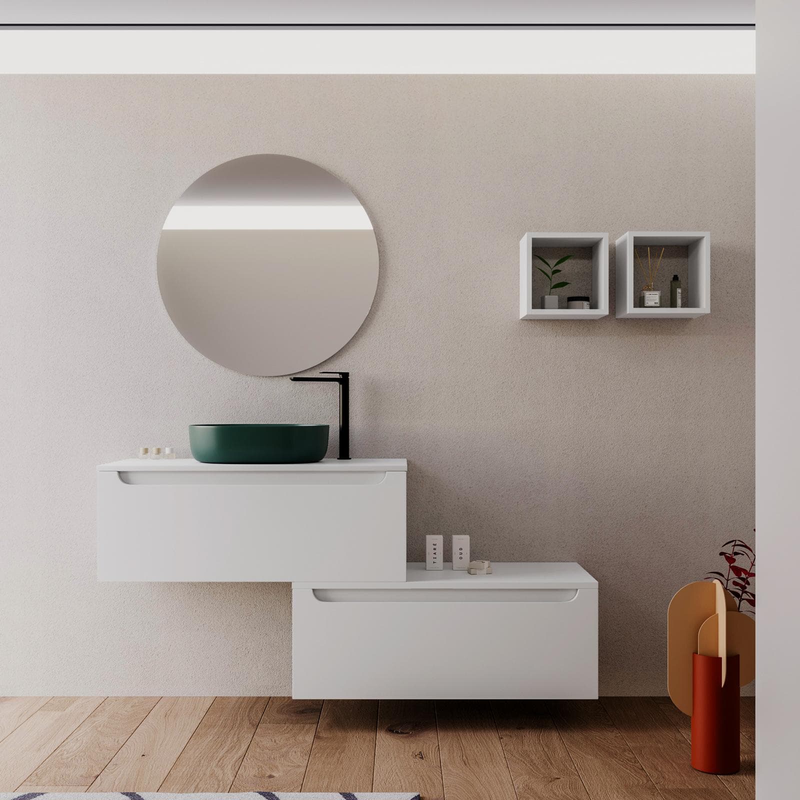 Mobile bagno sospeso 100 cm bianco opaco con cassettone e top con specchio - Sleek