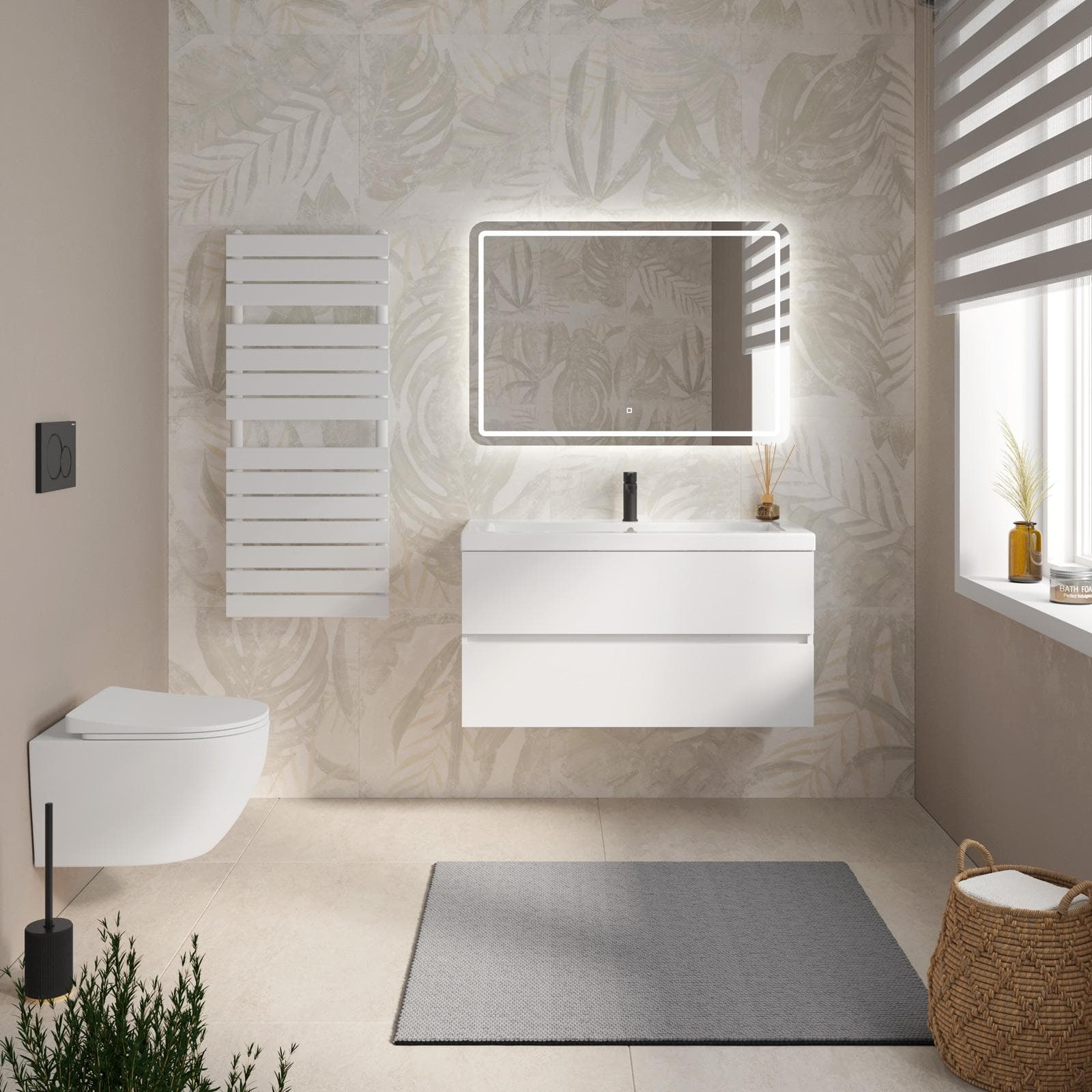 Mobile bagno sospeso 100 cm bianco opaco con lavabo e specchio - Cuki