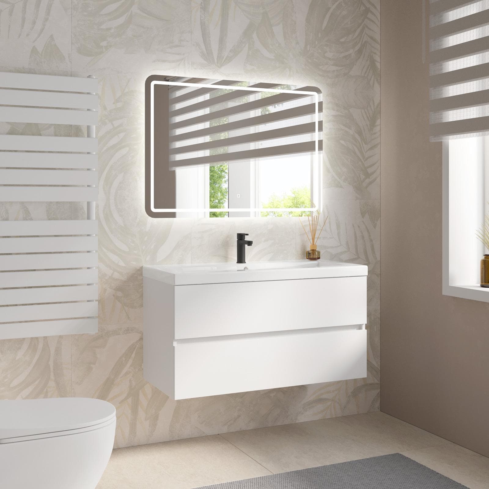 Mobile bagno sospeso 100 cm bianco opaco con lavabo e specchio - Cuki