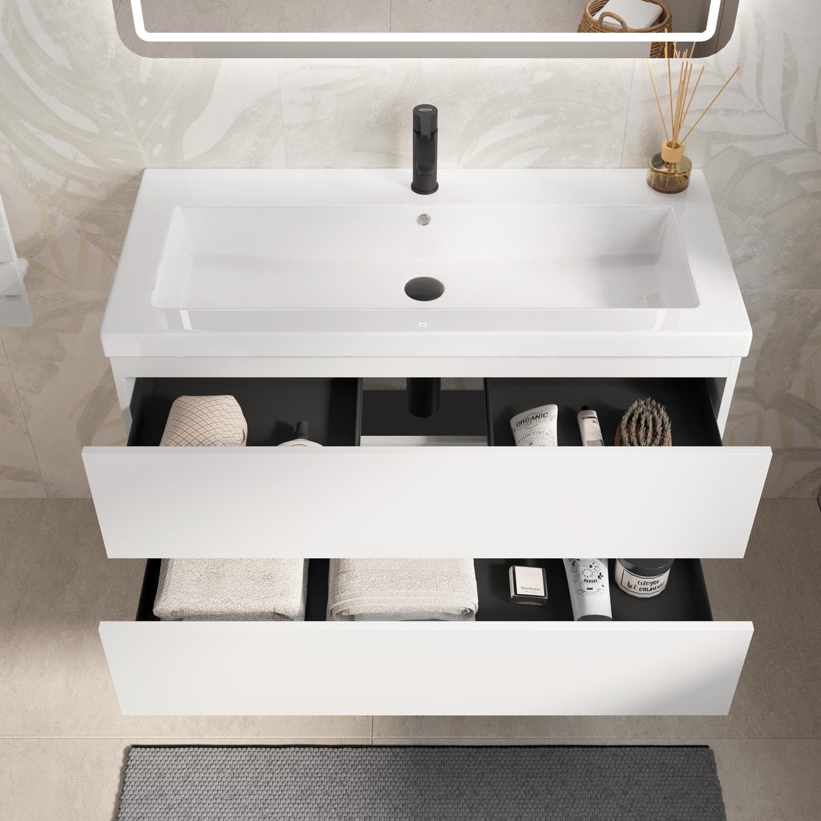 Mobile bagno sospeso 100 cm bianco opaco con lavabo e specchio - Cuki
