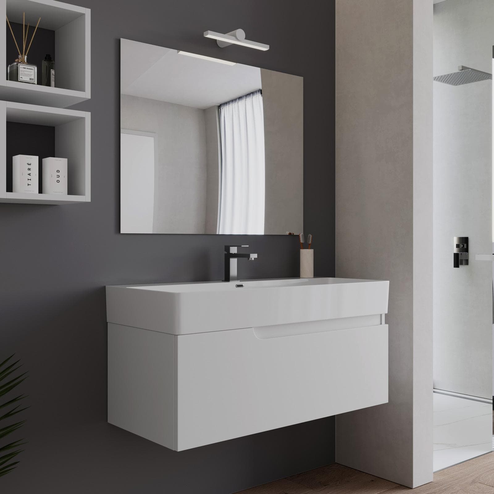 Mobile bagno sospeso 100 cm bianco opaco con lavabo in ceramica e specchio - Agave