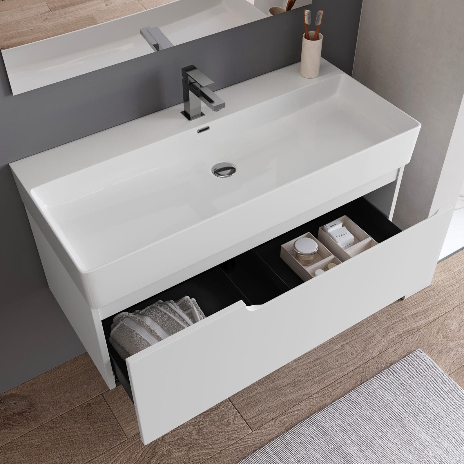 Mobile bagno sospeso 100 cm bianco opaco con lavabo in ceramica e specchio - Agave