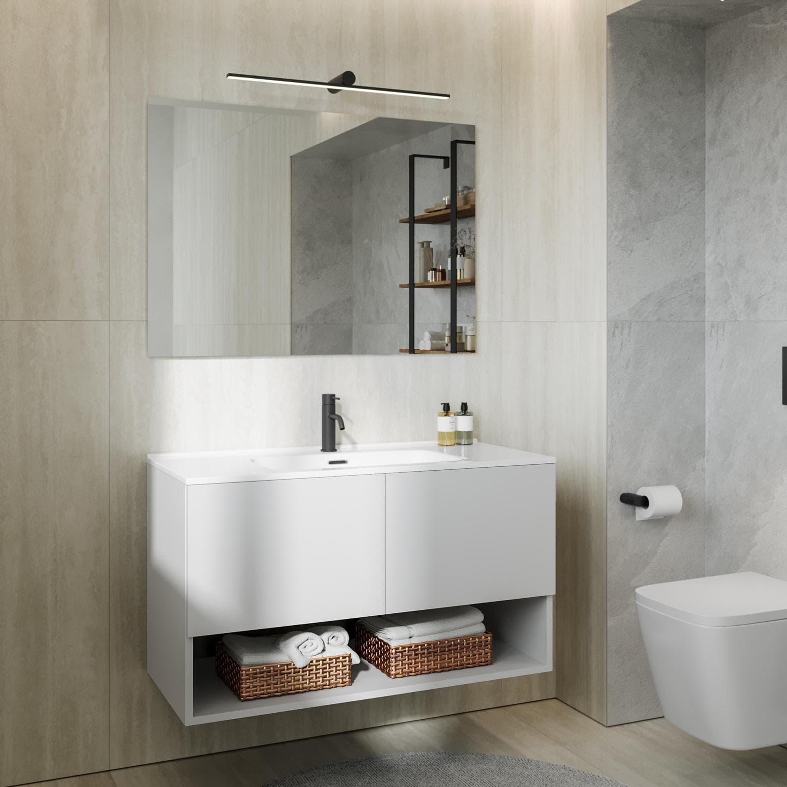 Mobile bagno sospeso 100 cm bianco opaco con lavabo integrato e specchio - Lion