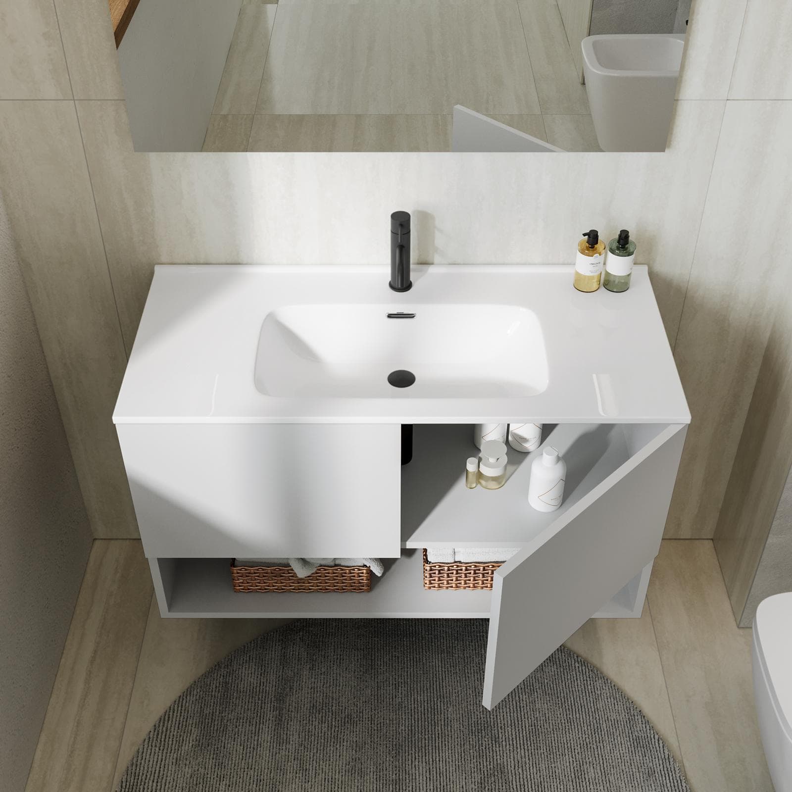 Mobile bagno sospeso 100 cm bianco opaco con lavabo integrato e specchio - Lion