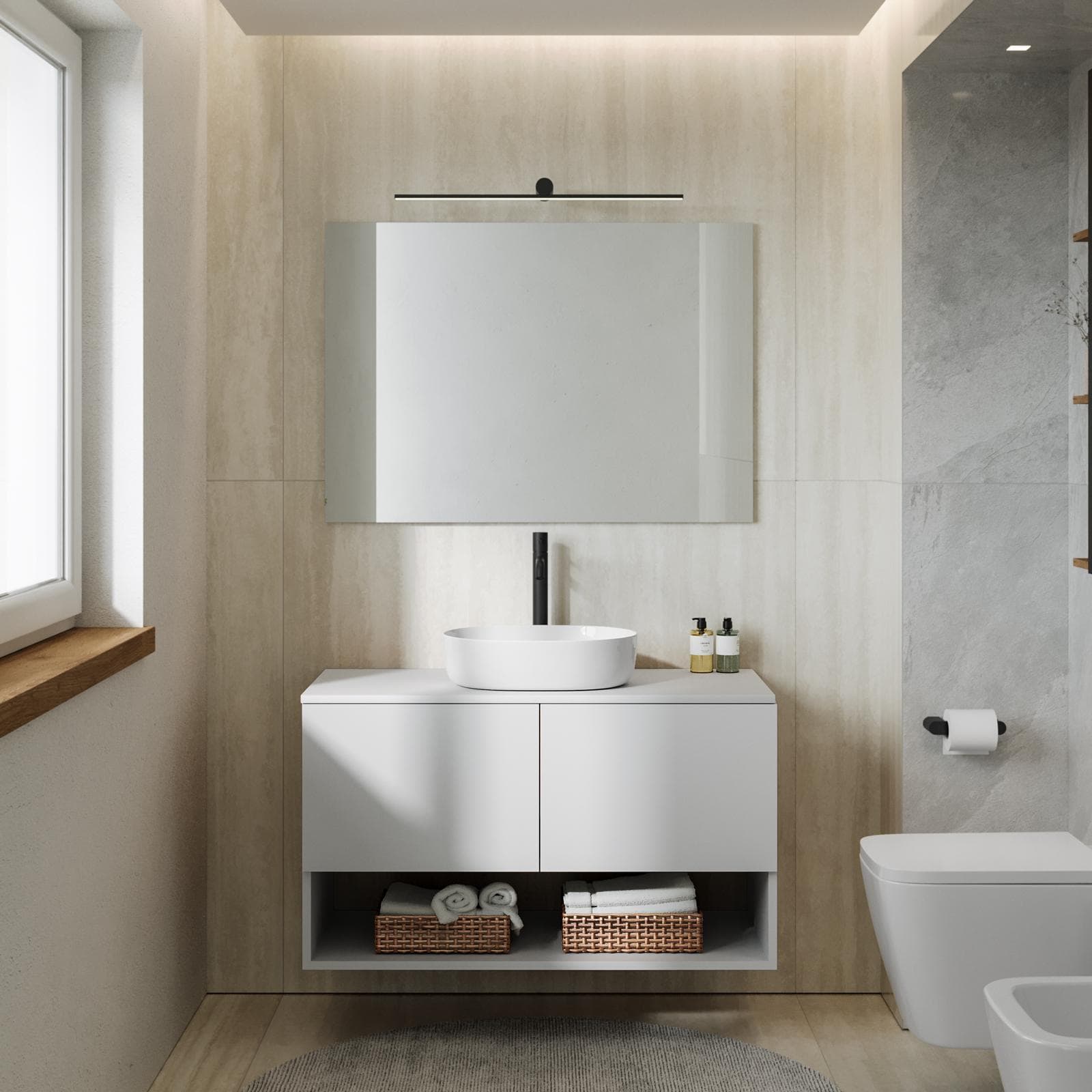 Mobile bagno sospeso 100 cm bianco opaco con top e specchio - Lion