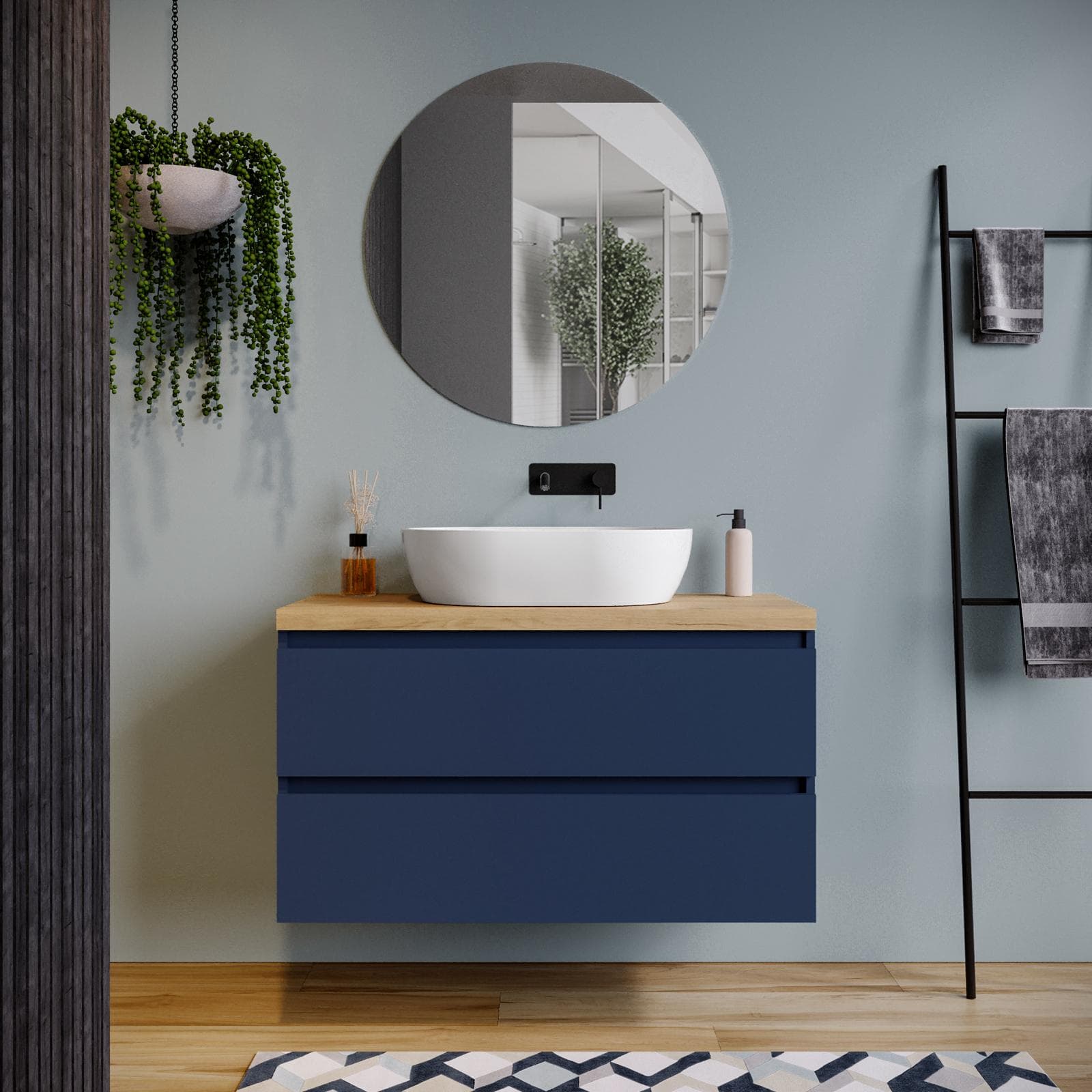 Mobile bagno sospeso 100 cm blu satinato con top rovere gold e specchio - Anami