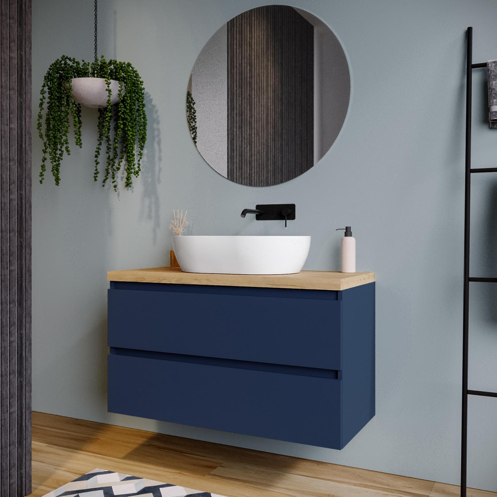 Mobile bagno sospeso 100 cm blu satinato con top rovere gold e specchio - Anami