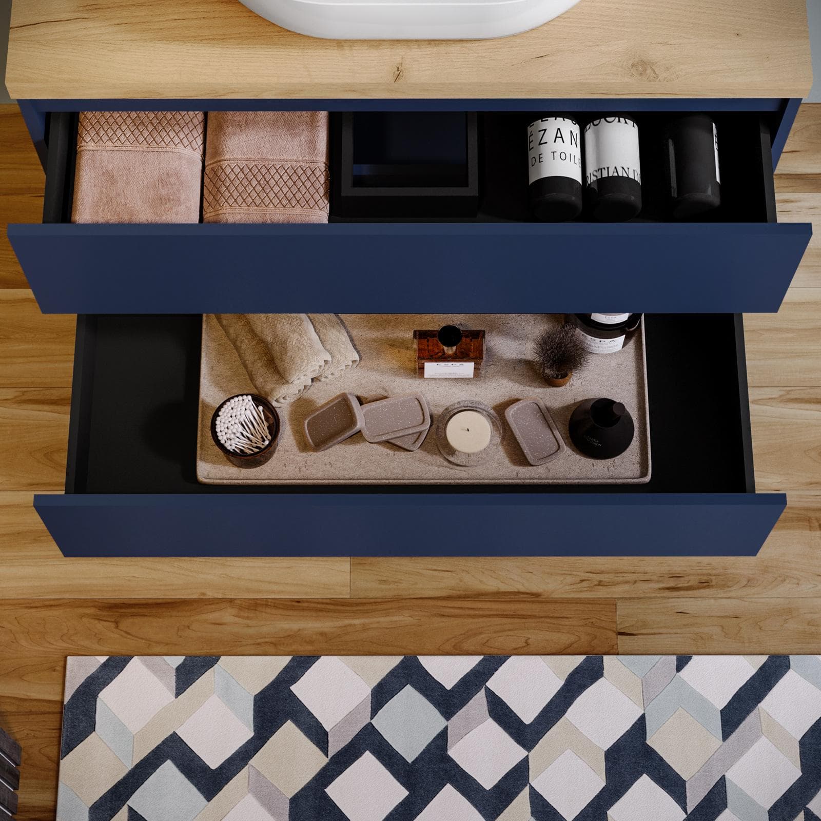 Mobile bagno sospeso 100 cm blu satinato con top rovere gold e specchio - Anami