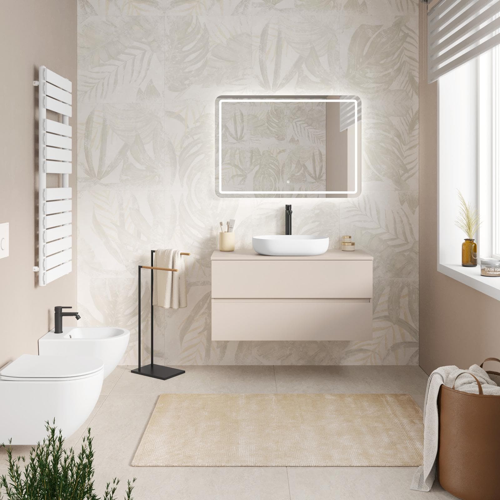 Mobile bagno sospeso 100 cm cashmere a due cassetti con top e specchio - Cuki