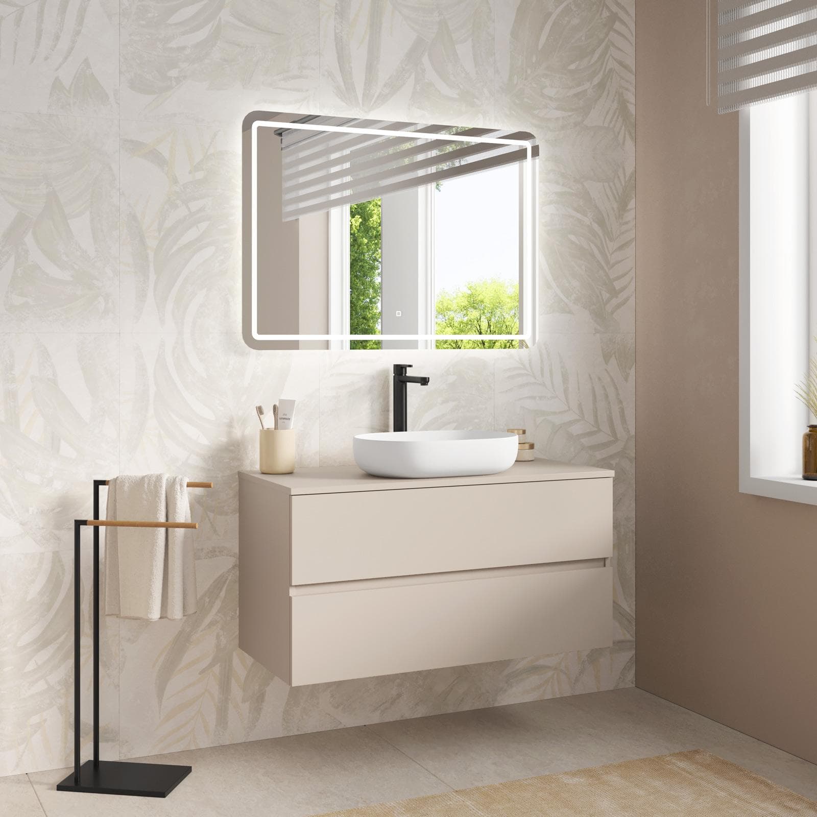 Mobile bagno sospeso 100 cm cashmere a due cassetti con top e specchio - Cuki