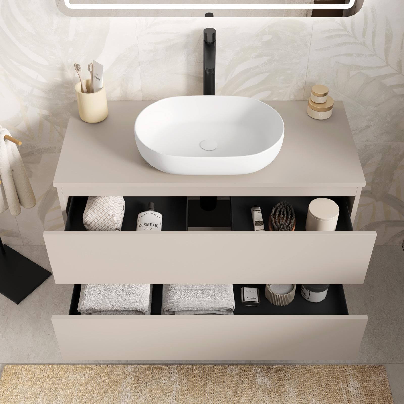 Mobile bagno sospeso 100 cm cashmere a due cassetti con top e specchio - Cuki