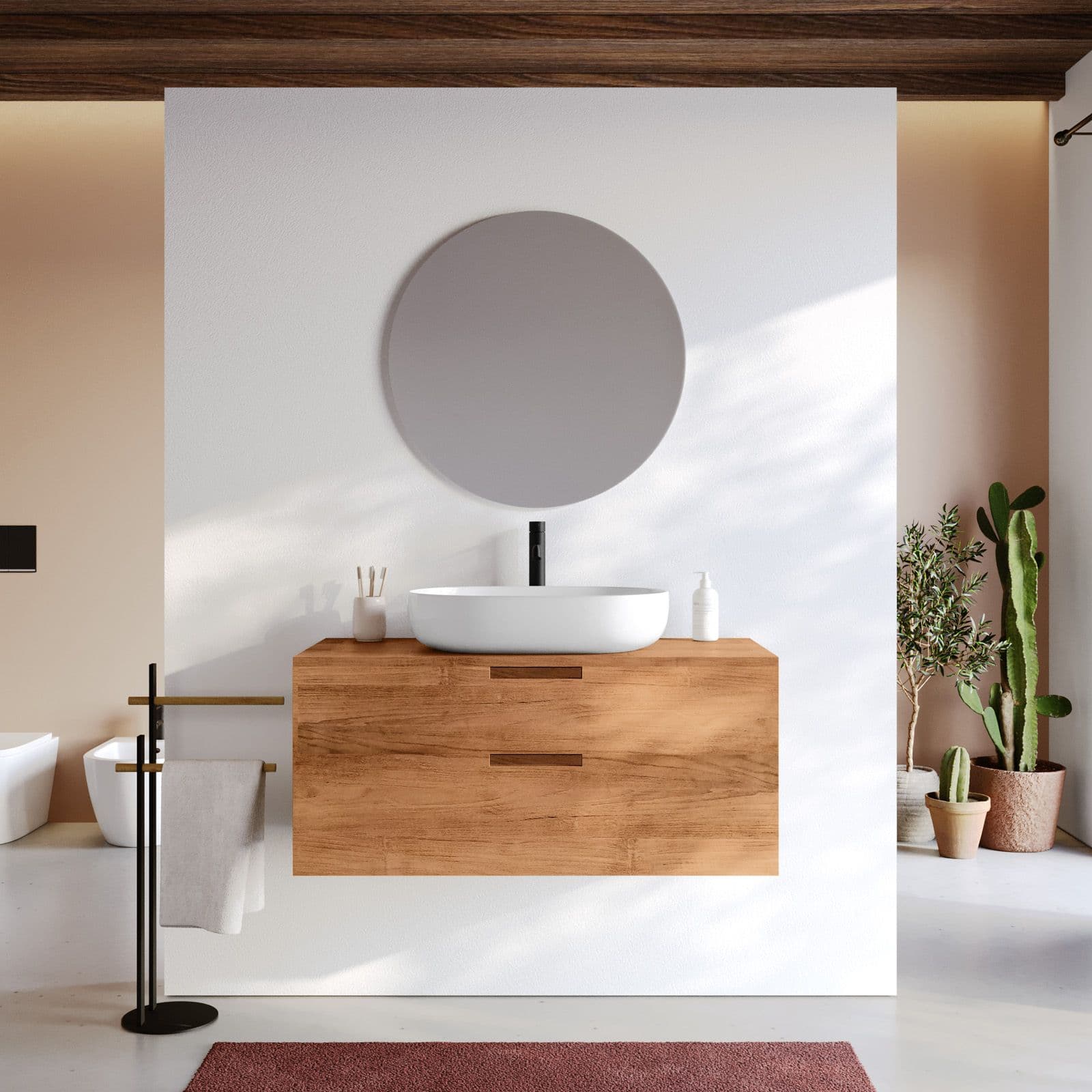 Mobile bagno sospeso 100 cm con 2 cassetti in legno teak naturale - Kala