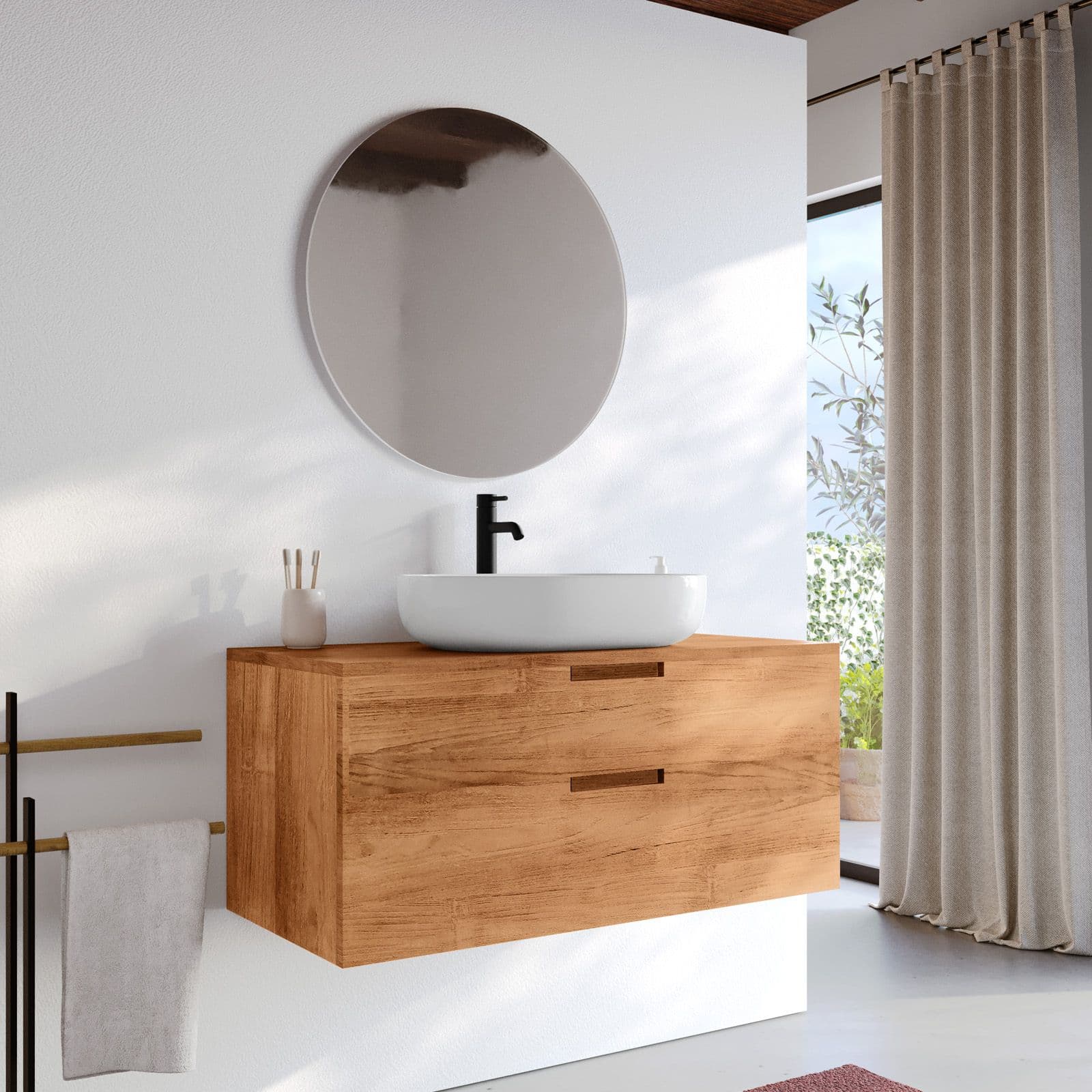Mobile bagno sospeso 100 cm con 2 cassetti in legno teak naturale - Kala