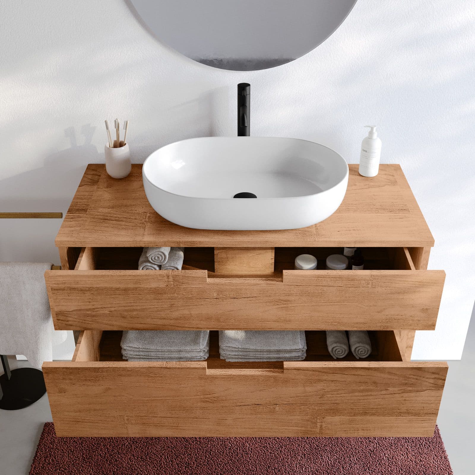 Mobile bagno sospeso 100 cm con 2 cassetti in legno teak naturale - Kala