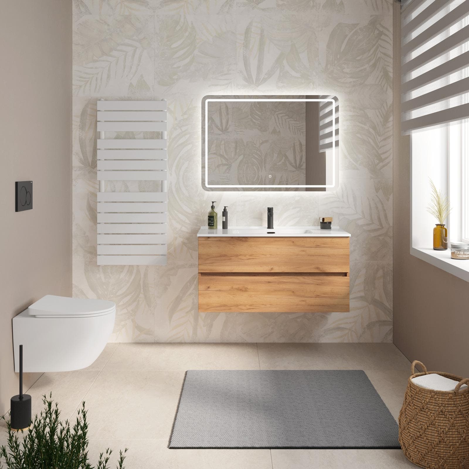 Mobile bagno sospeso con cassetti 100 cm rovere gold con lavabo e specchio - Cuki