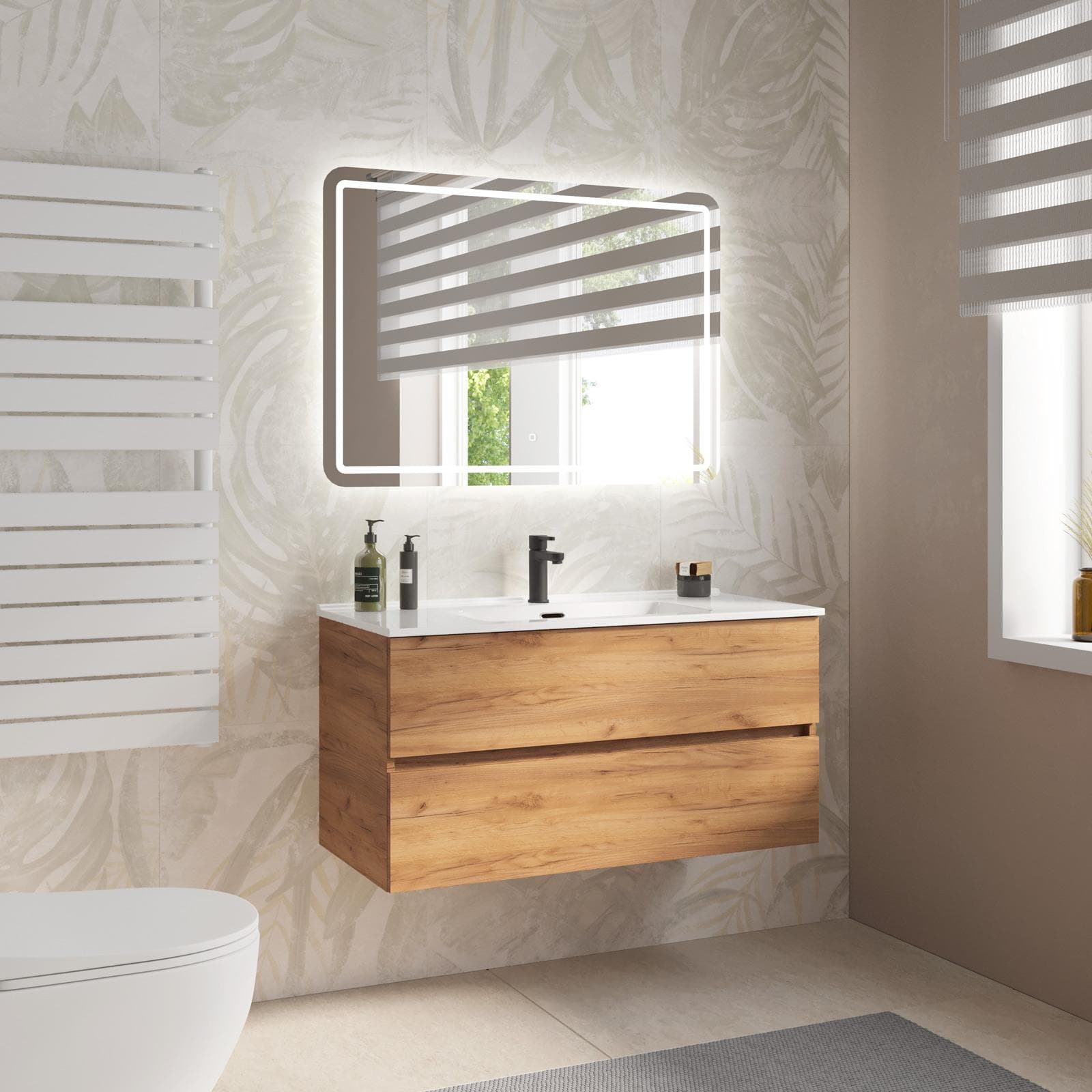 Mobile bagno sospeso con cassetti 100 cm rovere gold con lavabo e specchio - Cuki