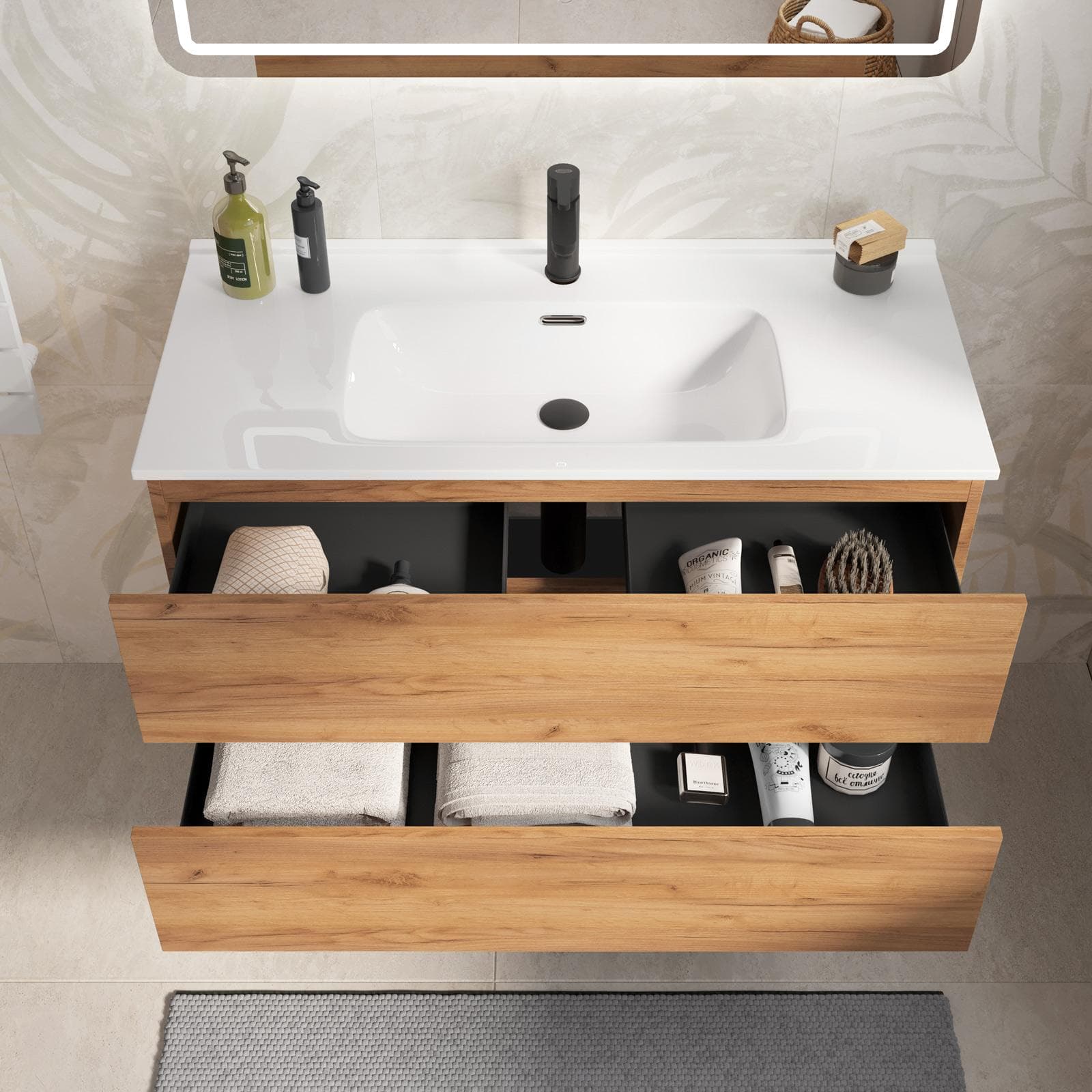 Mobile bagno sospeso con cassetti 100 cm rovere gold con lavabo e specchio - Cuki