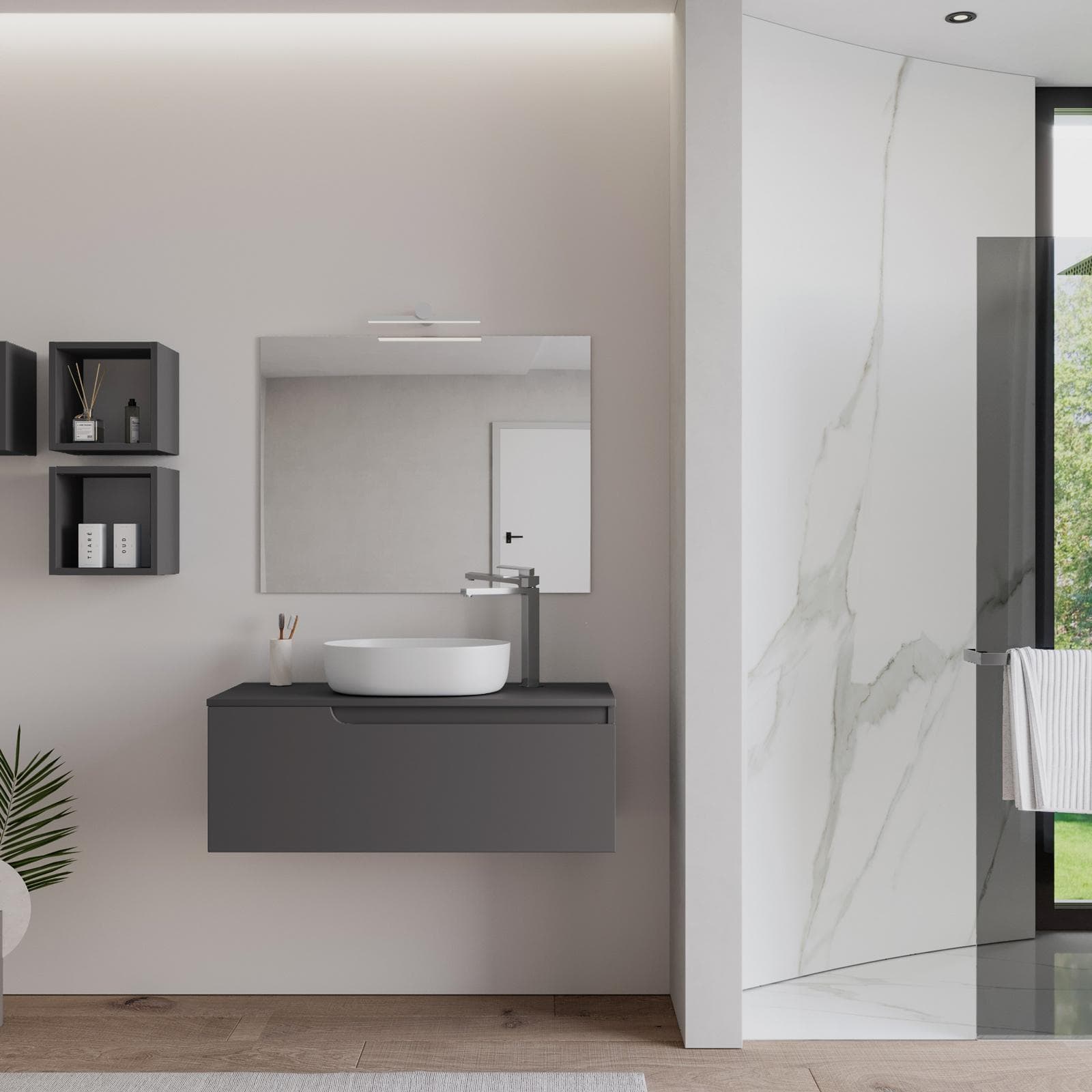 Mobile bagno sospeso 100 cm con top antracite e specchio - Agave