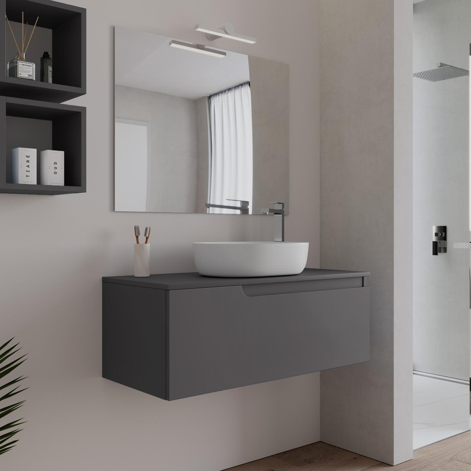Mobile bagno sospeso 100 cm con top antracite e specchio - Agave