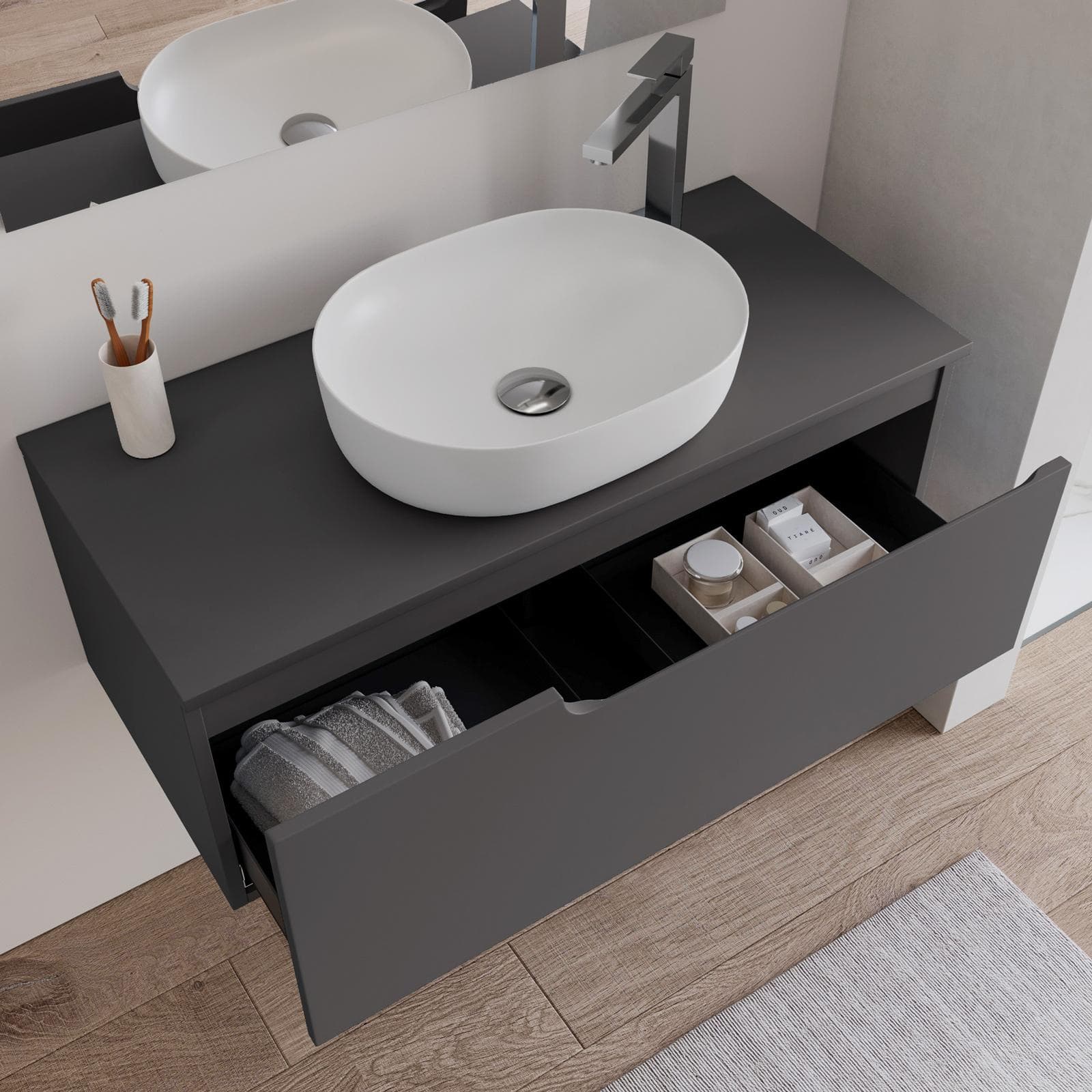 Mobile bagno sospeso 100 cm con top antracite e specchio - Agave