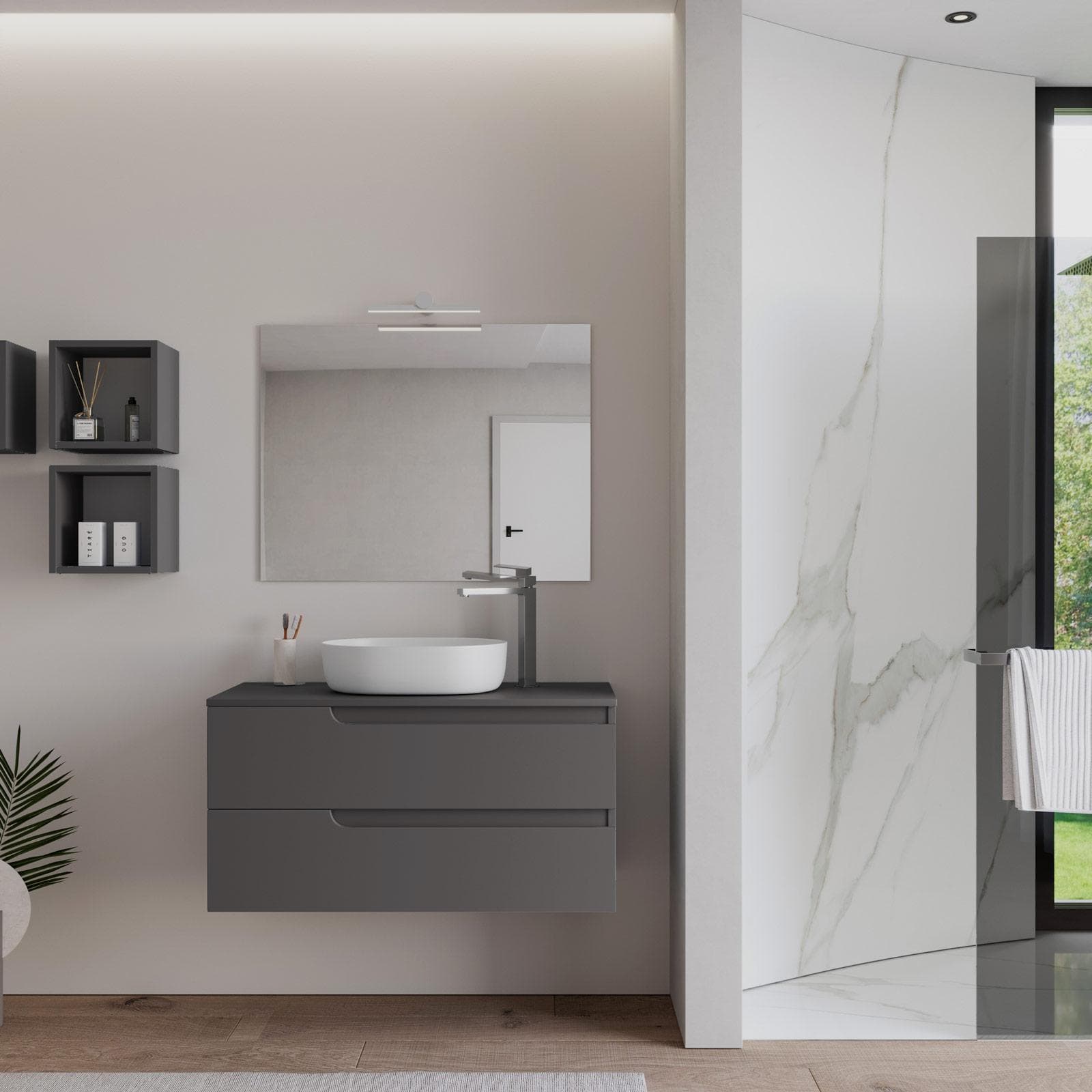 Mobile bagno sospeso 100 cm con top antracite e specchio - Agave Plus