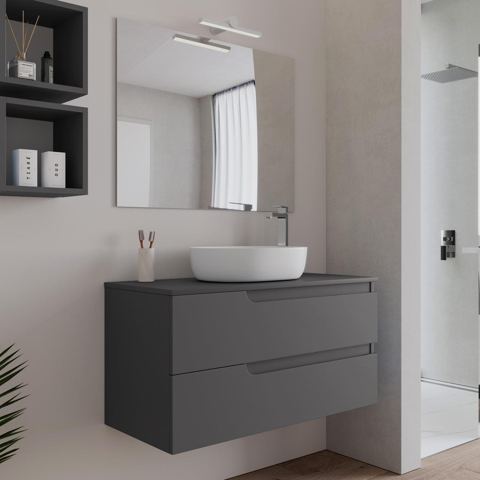 Mobile bagno sospeso 100 cm con top antracite e specchio - Agave Plus