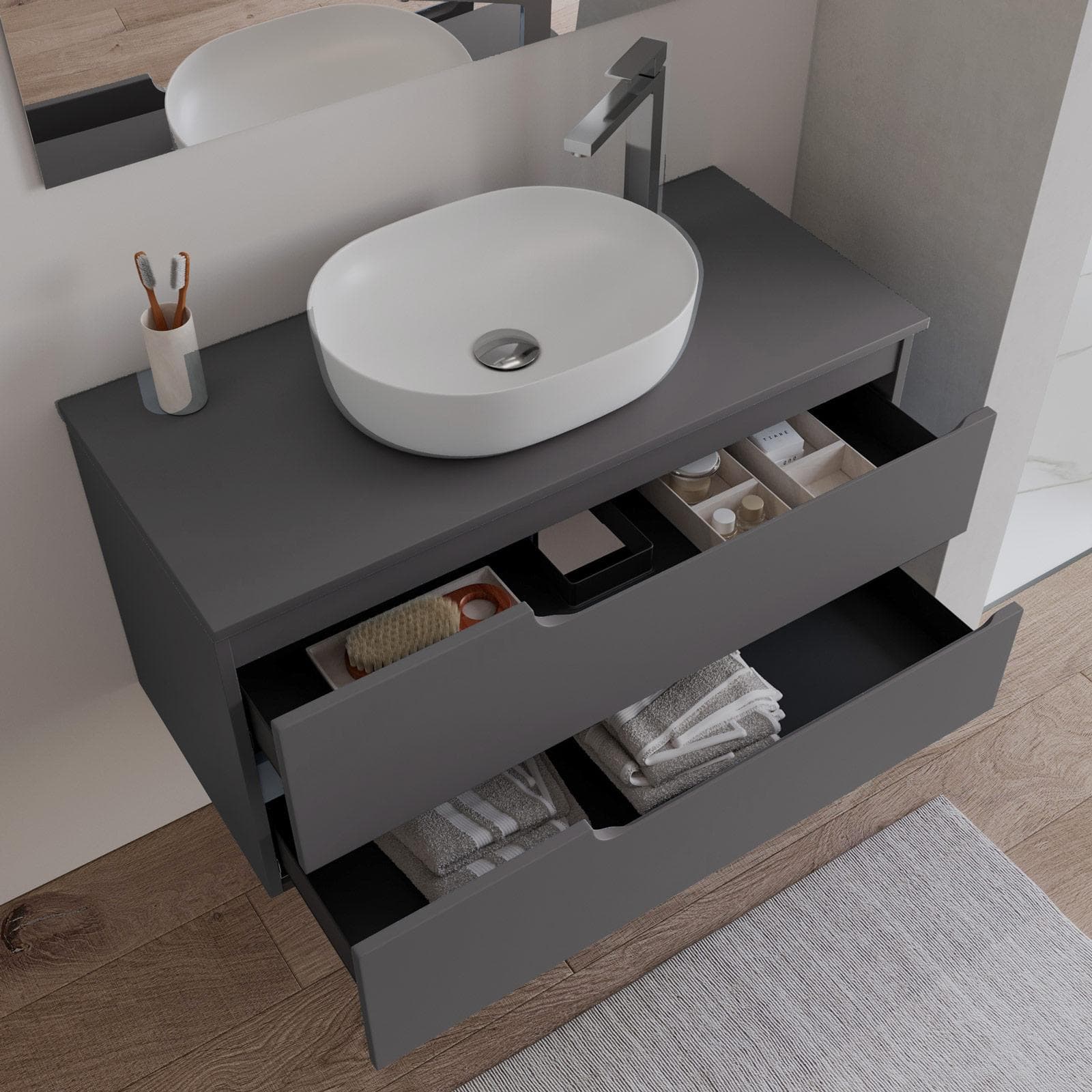 Mobile bagno sospeso 100 cm con top antracite e specchio - Agave Plus