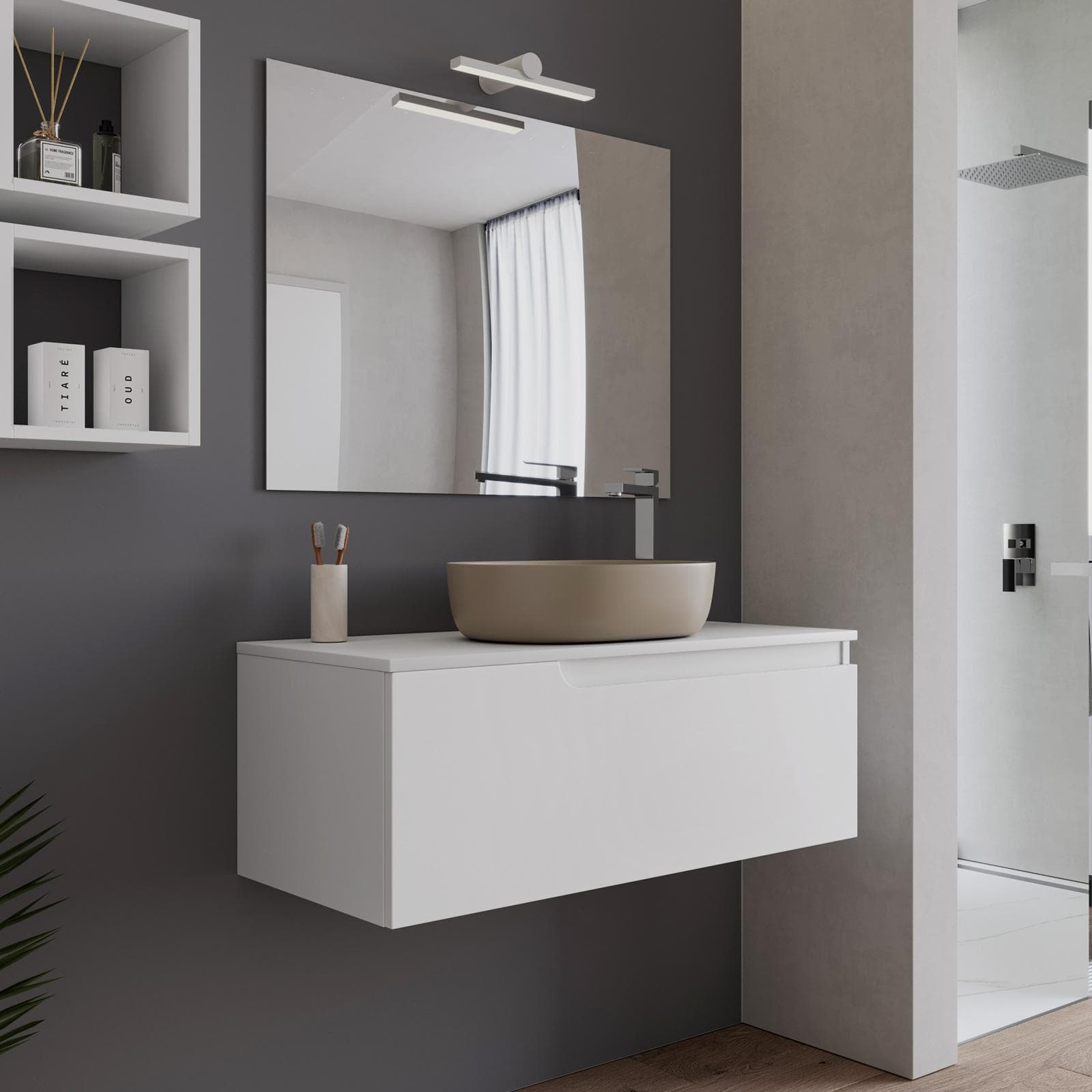 Mobile bagno sospeso 100 cm con top bianco opaco e specchio - Agave