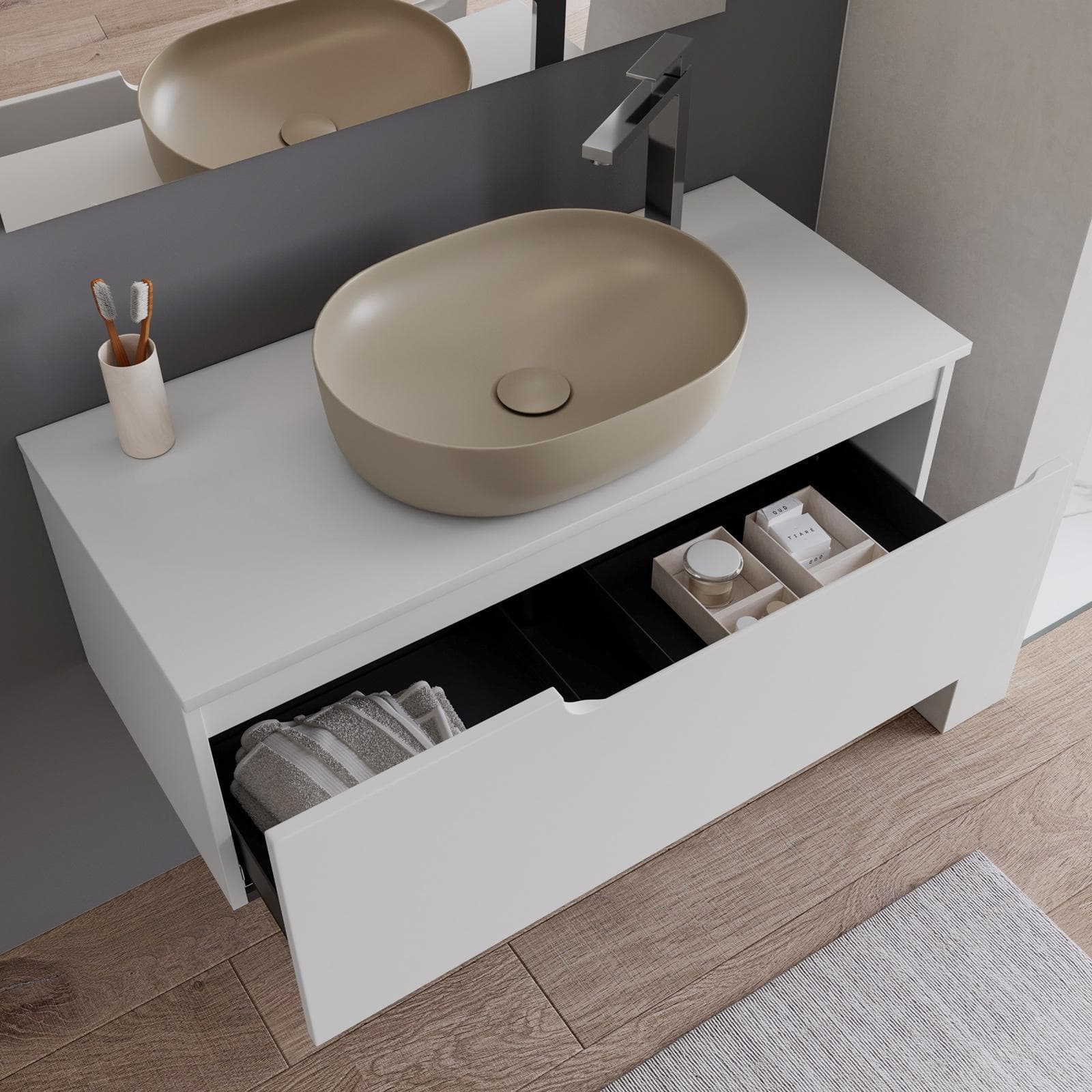 Mobile bagno sospeso 100 cm con top bianco opaco e specchio - Agave