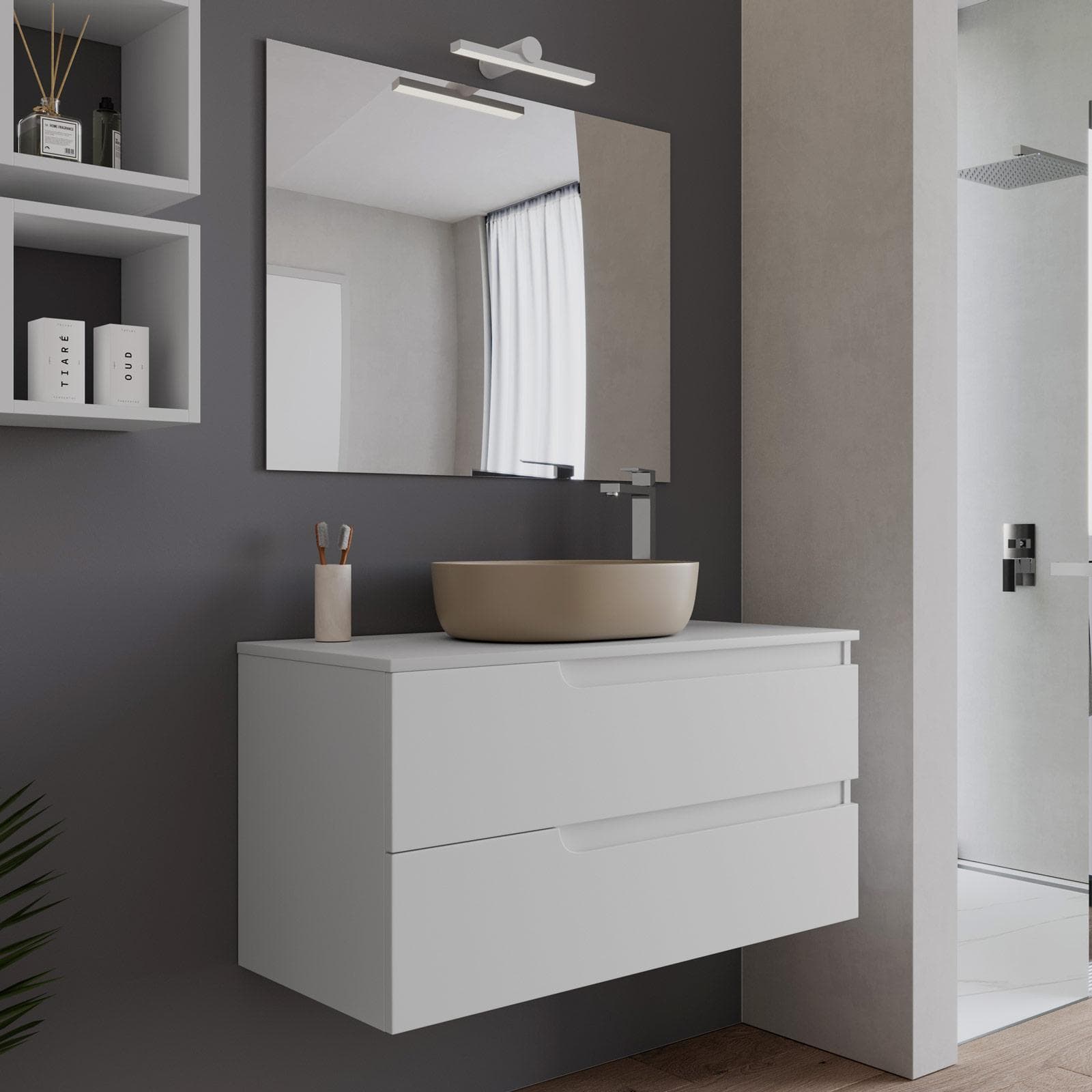 Mobile bagno sospeso 100 cm con top bianco opaco e specchio - Agave Plus