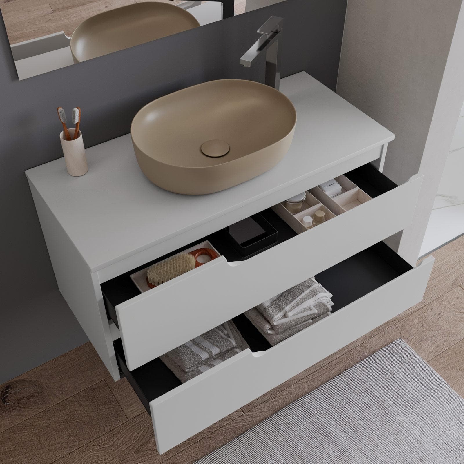Mobile bagno sospeso 100 cm con top bianco opaco e specchio - Agave Plus