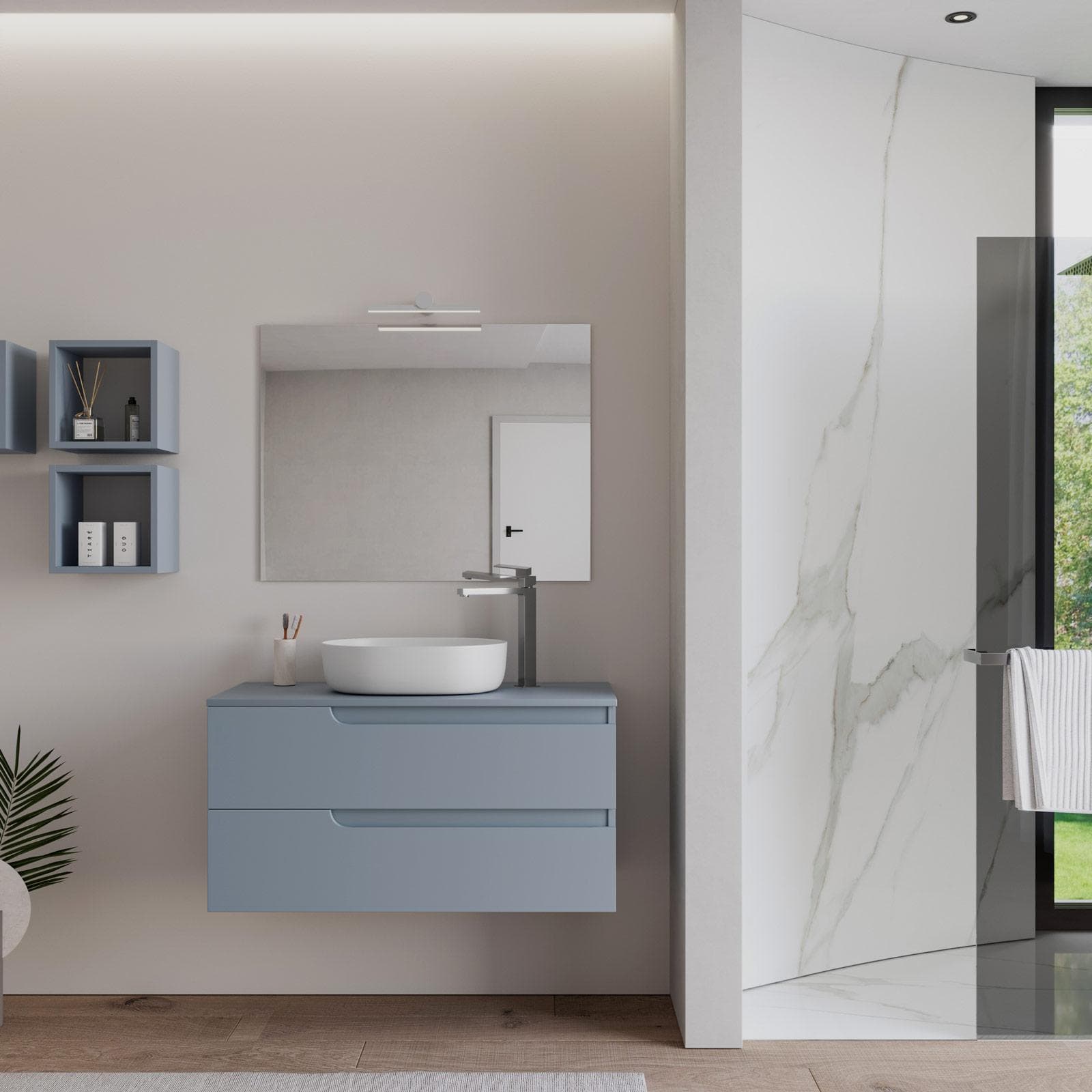 Mobile bagno sospeso 100 cm con top carta da zucchero e specchio - Agave Plus