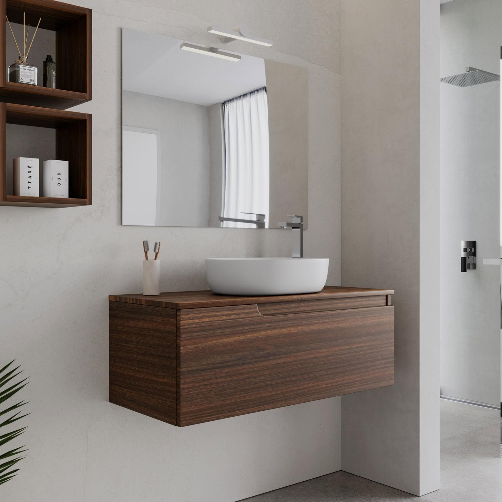 Mobile bagno sospeso 100 cm con top rovere deciso e specchio - Agave