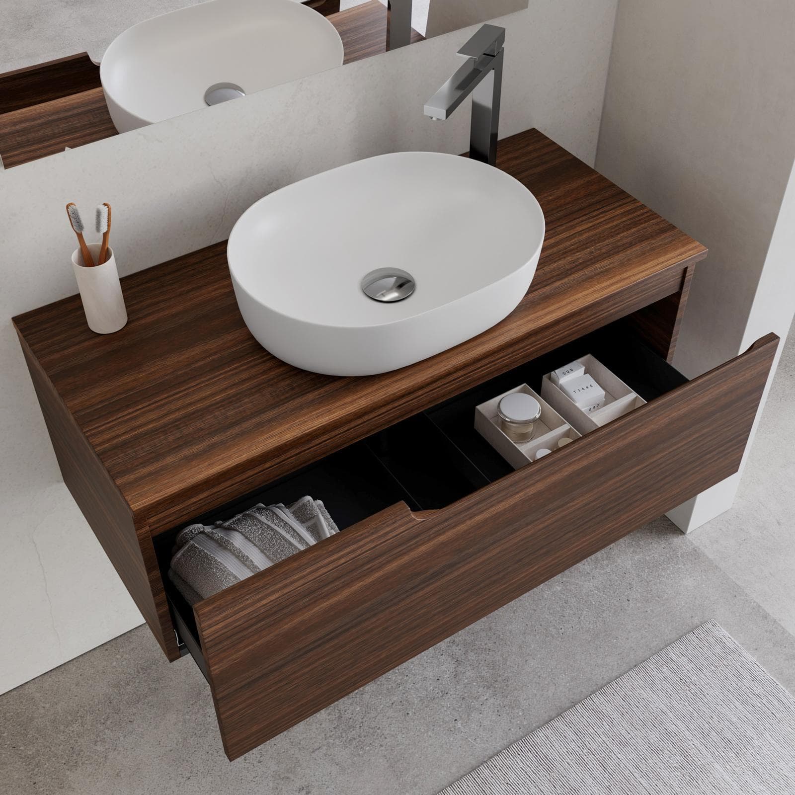 Mobile bagno sospeso 100 cm con top rovere deciso e specchio - Agave