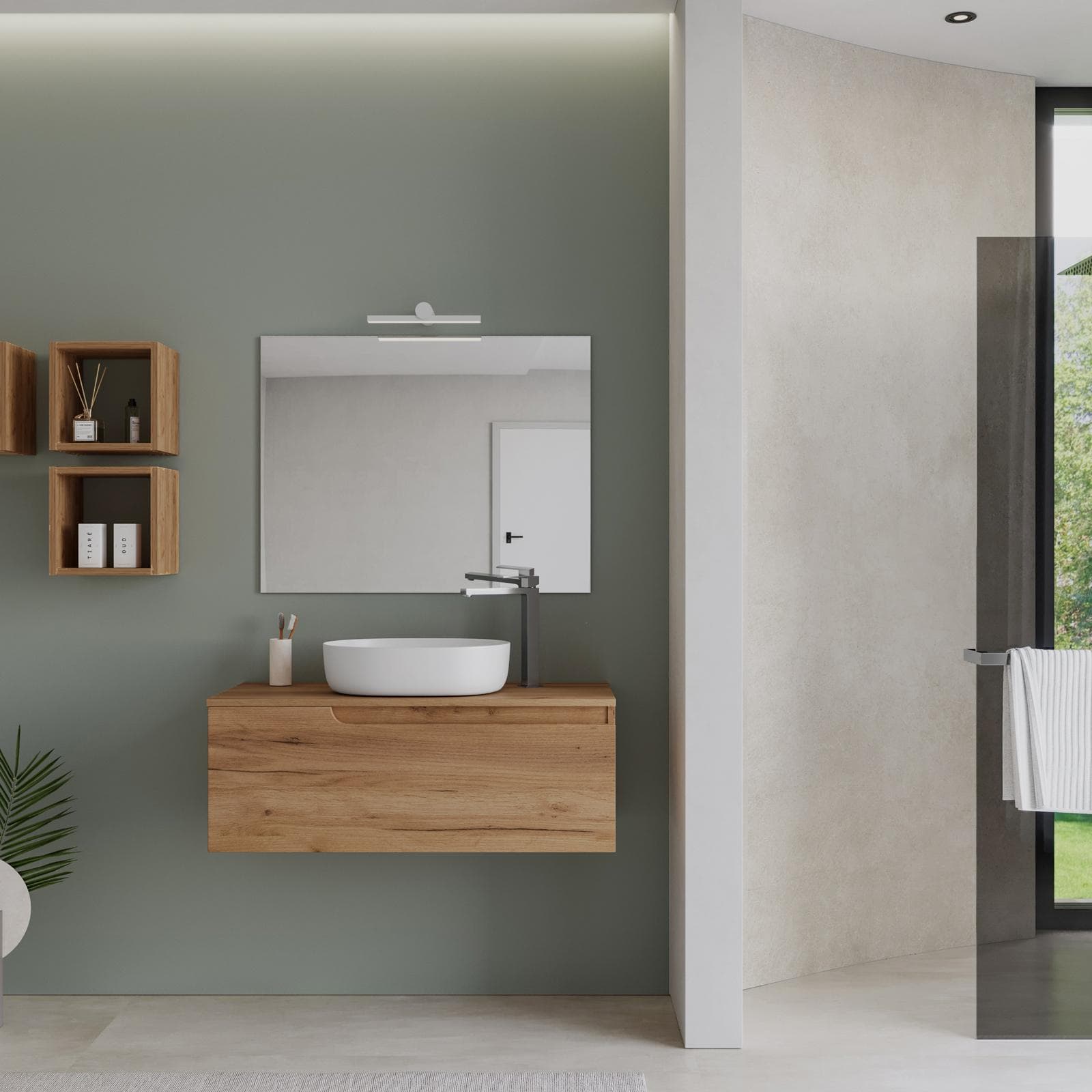 Mobile bagno sospeso 100 cm con top rovere gold e specchio - Agave