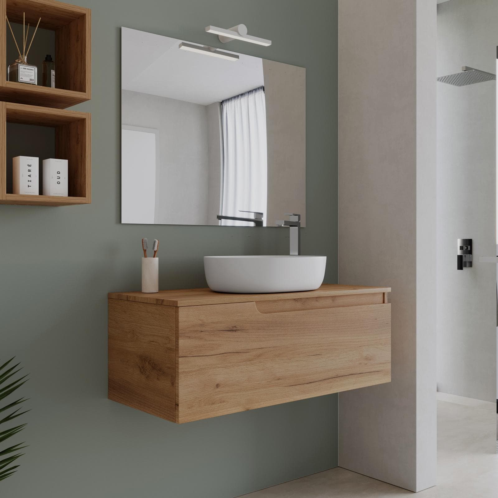 Mobile bagno sospeso 100 cm con top rovere gold e specchio - Agave