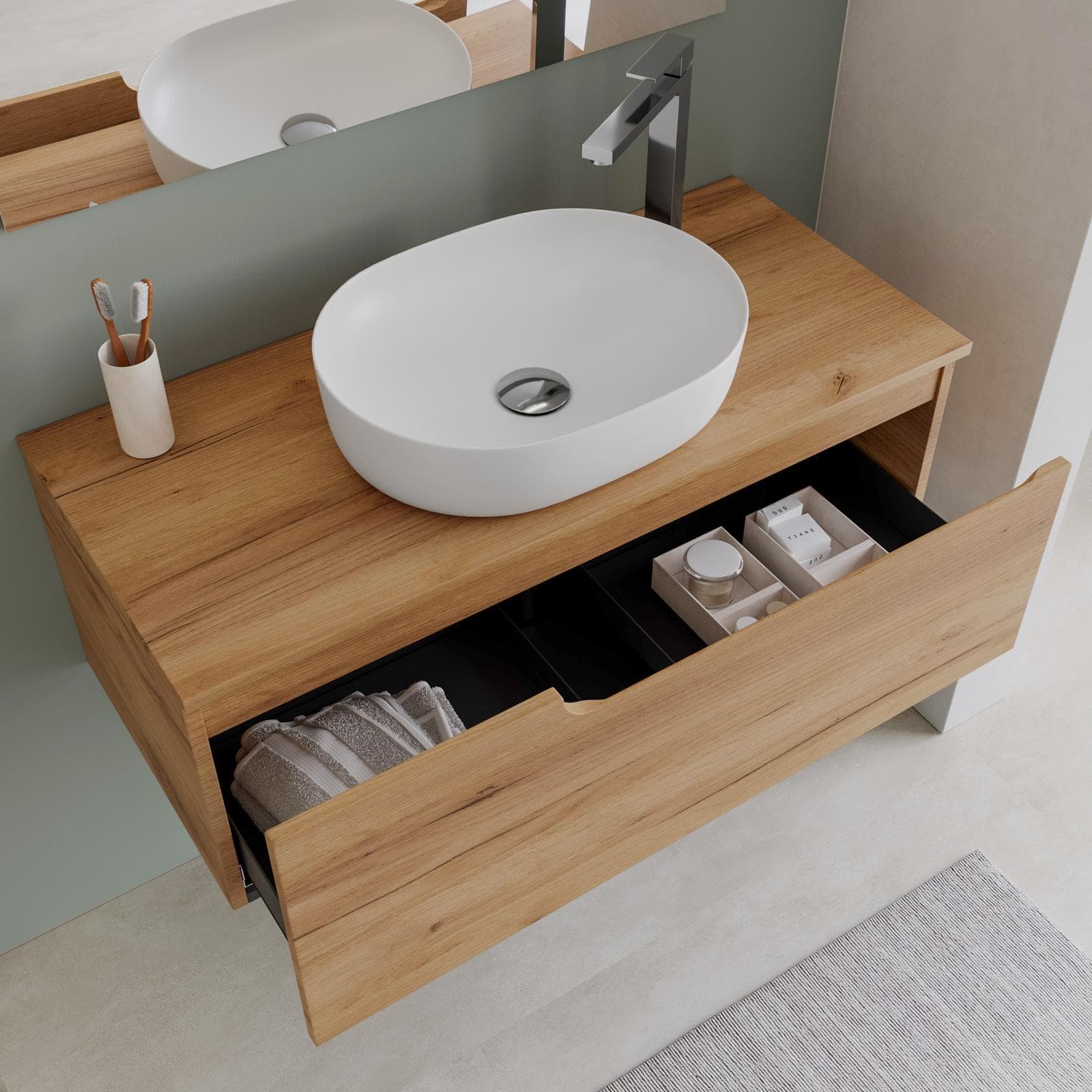Mobile bagno sospeso 100 cm con top rovere gold e specchio - Agave