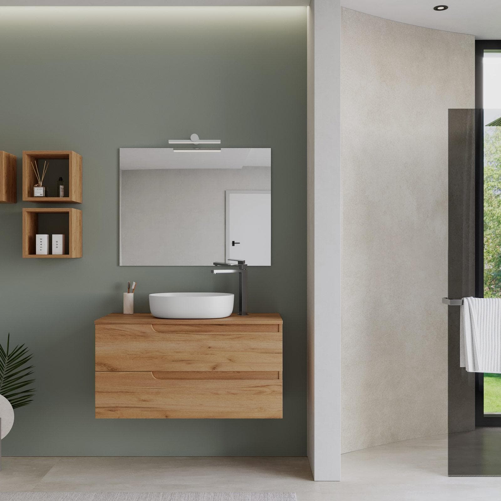Mobile bagno sospeso 100 cm con top rovere gold e specchio - Agave Plus