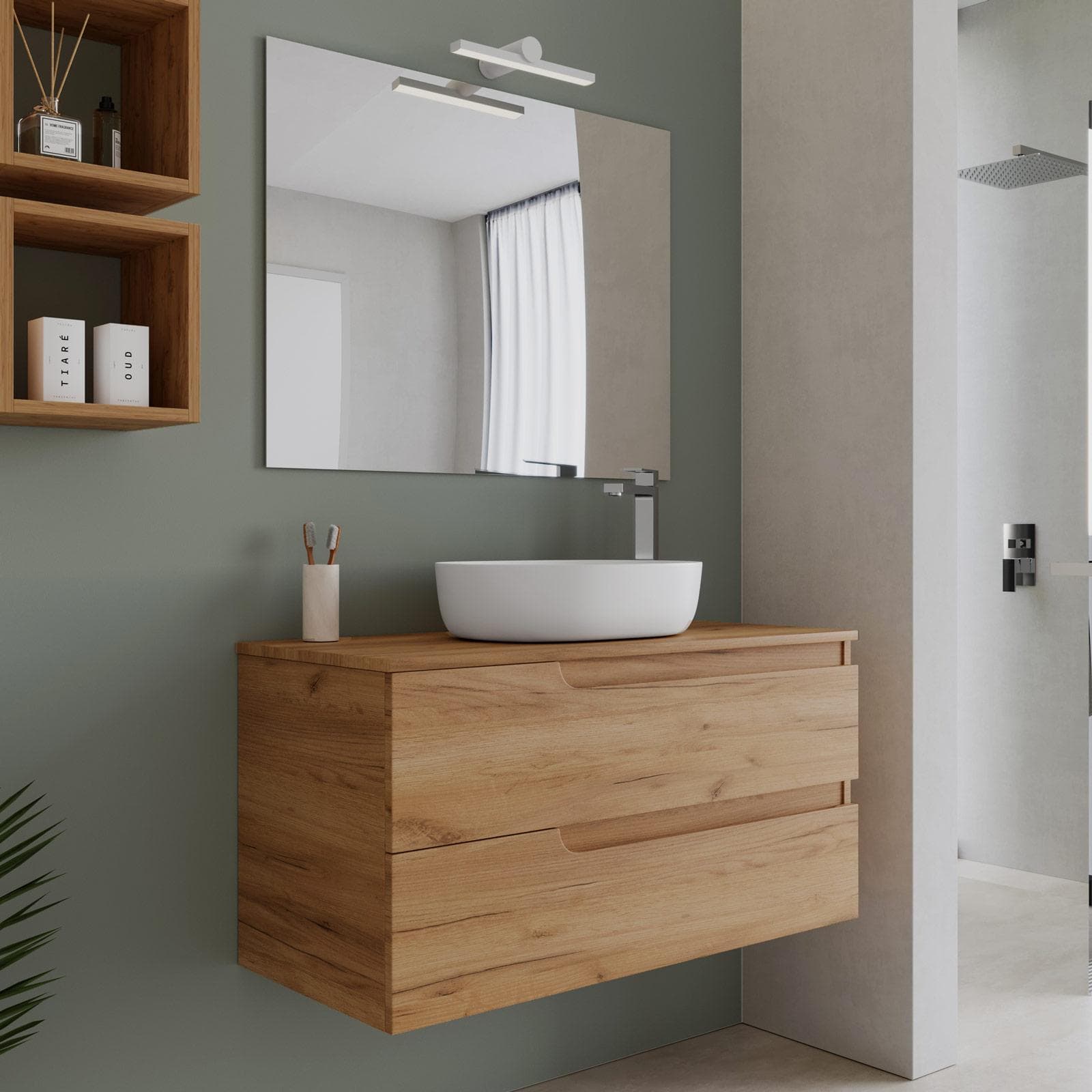 Mobile bagno sospeso 100 cm con top rovere gold e specchio - Agave Plus