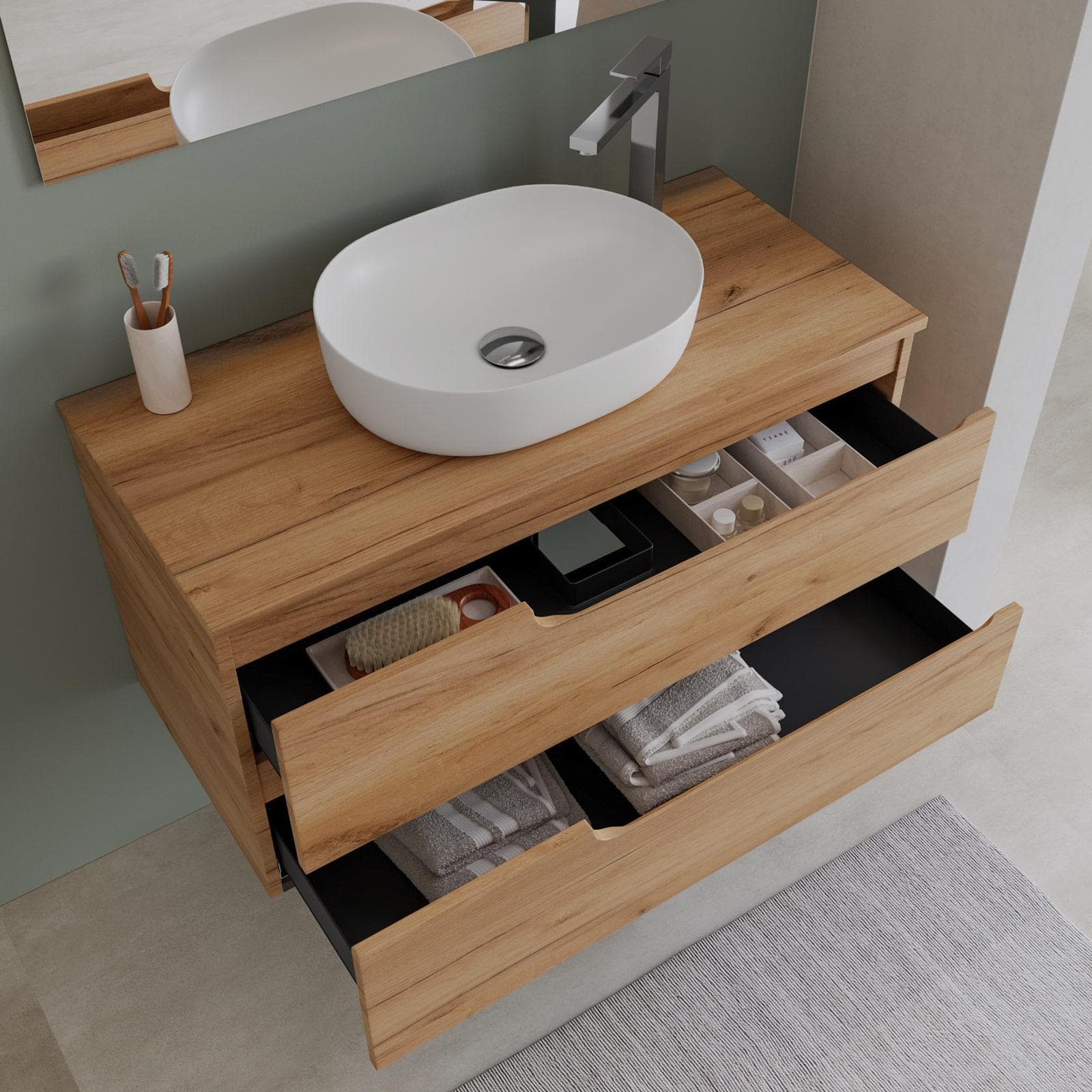 Mobile bagno sospeso 100 cm con top rovere gold e specchio - Agave Plus