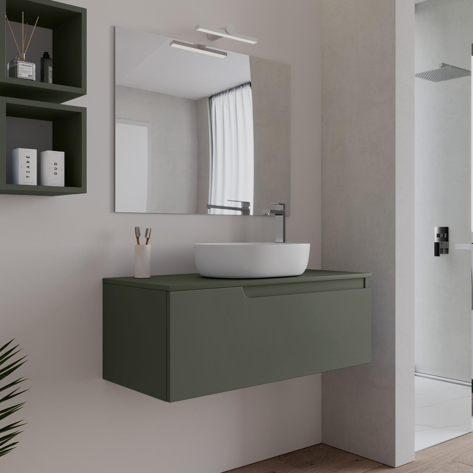 Mobile bagno sospeso 100 cm con top verde cemento e specchio - Agave